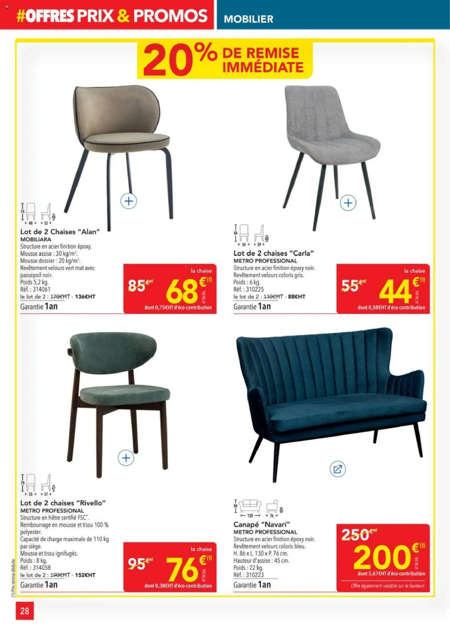 {H1} | Page: 28 | Produits: Poids, Mousse, Canapé, Fauteuil