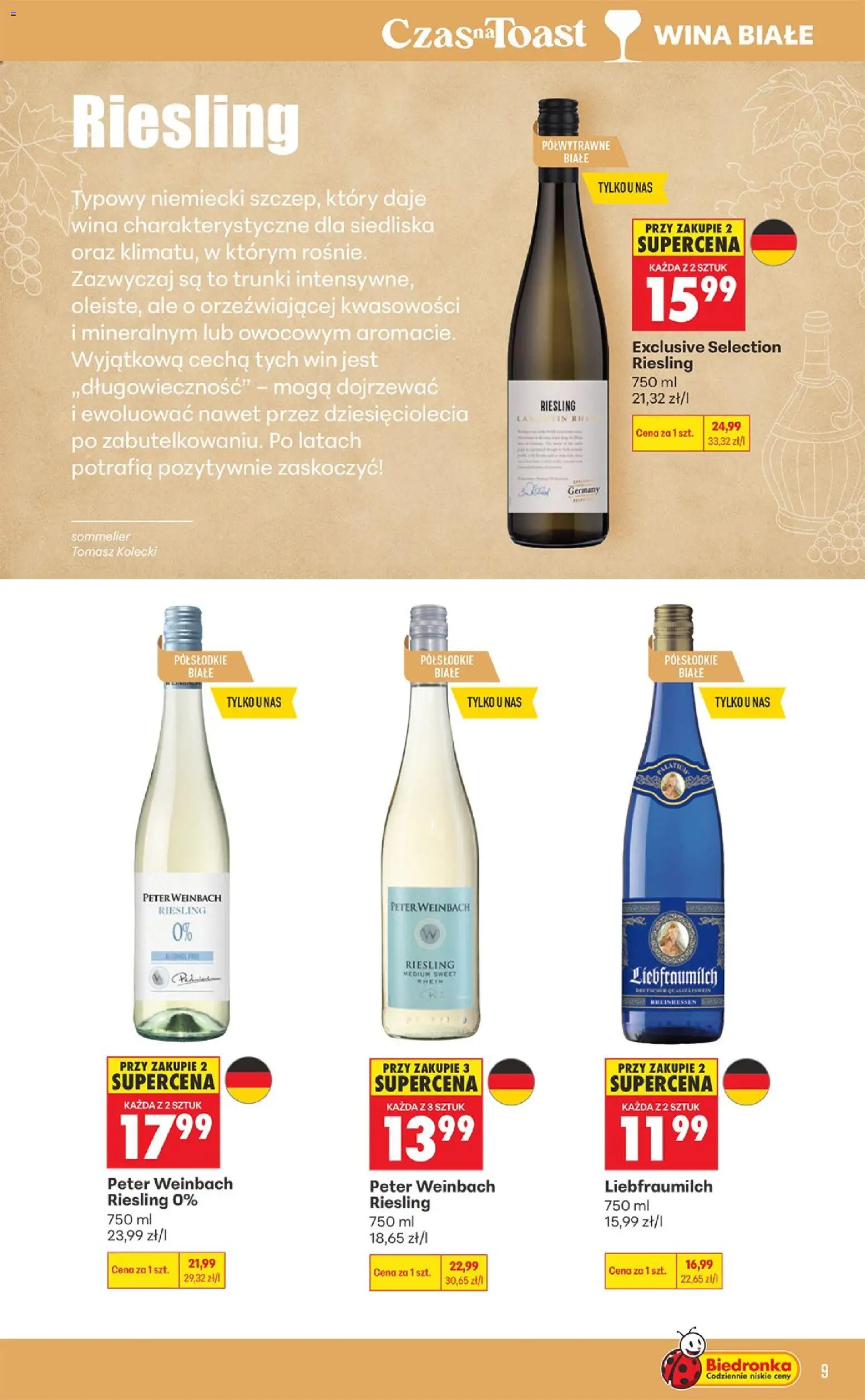 Biedronka gazetka - Czas na toast od 07.09.2026 | Strona: 9 | Produkty: Liebfraumilch, Riesling, Wina białe, Białe wino