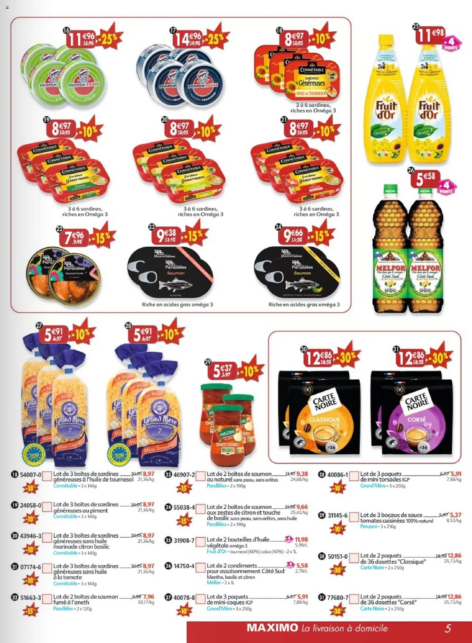 {H1} | Page: 5 | Produits: Sardines, Piment, Tomates, Pâtes