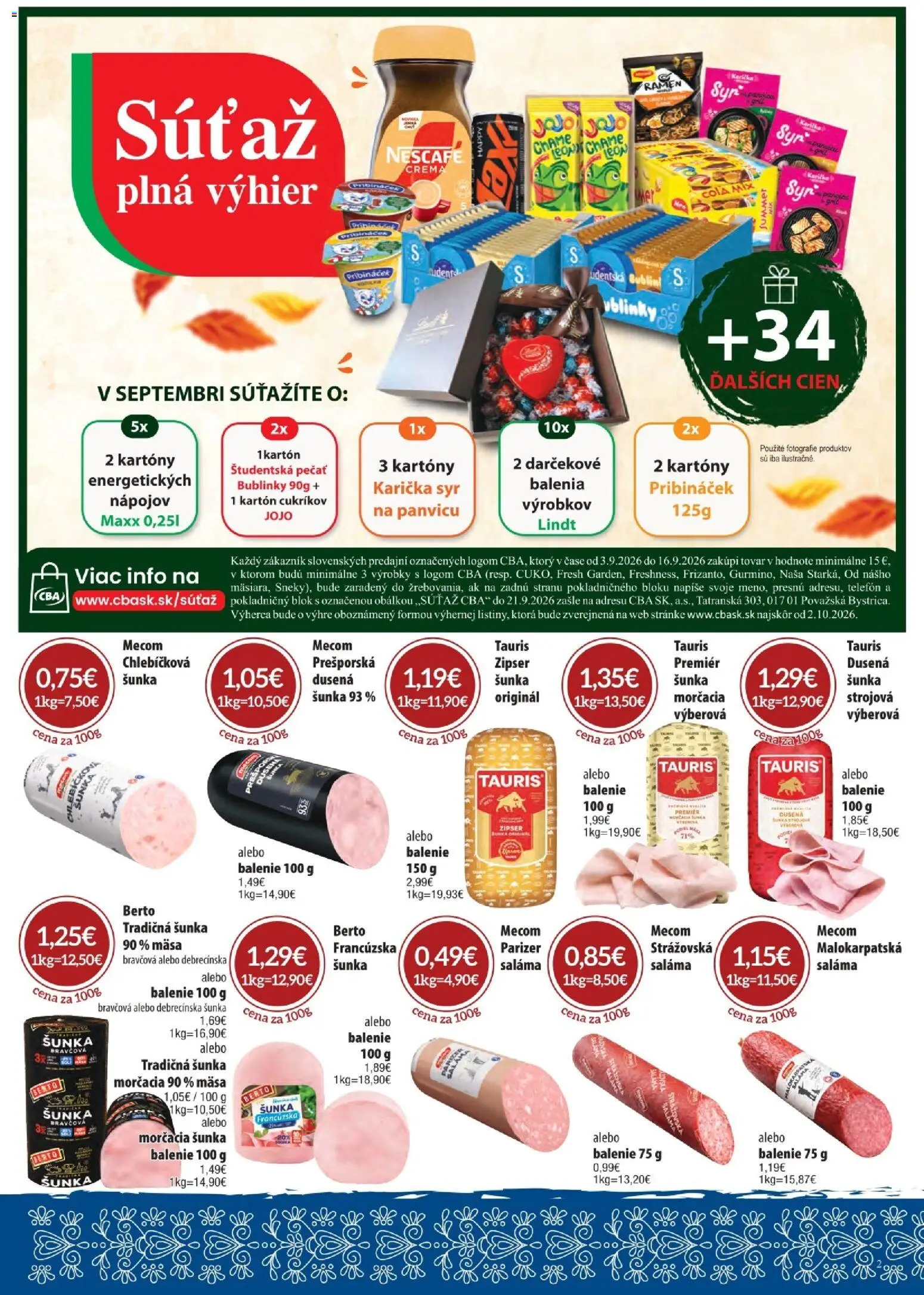 Nové CBA Komfos akcie – leták je platný od 03.09.2026 | Strana: 2 | Produkty: Telefón, Saláma, Lindt, Cola