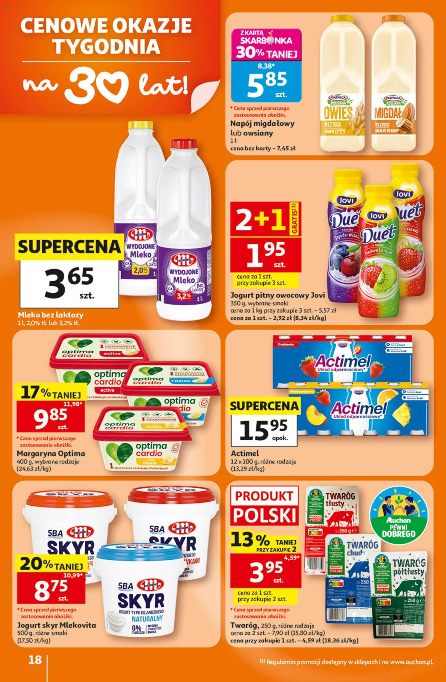 Auchan gazetka - 30 Lat Hipermarket od 23.07.2026 | Strona: 18 | Produkty: Mleko bez laktozy, Optima cardio, Napój migdałowy, Skyr