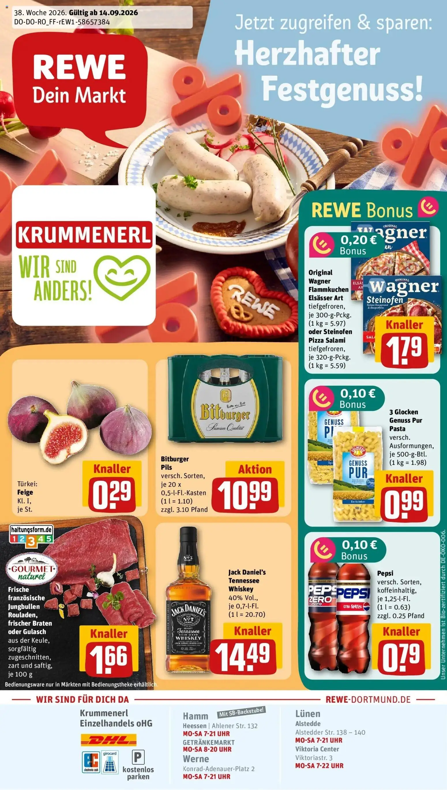 REWE Prospekt ab 14.09.2026 zum Blättern » Angebote | Seite: 1 | Produkte: Pils, Pepsi, Pizza, Whiskey