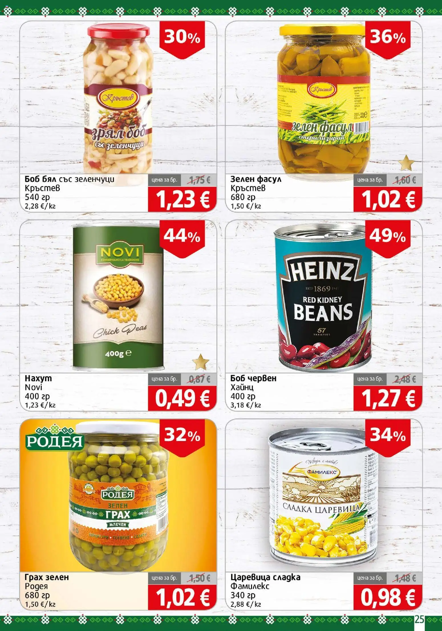 {H1} | Страница: 25 | Продукти: Сос, Грах, Боб, Царевица