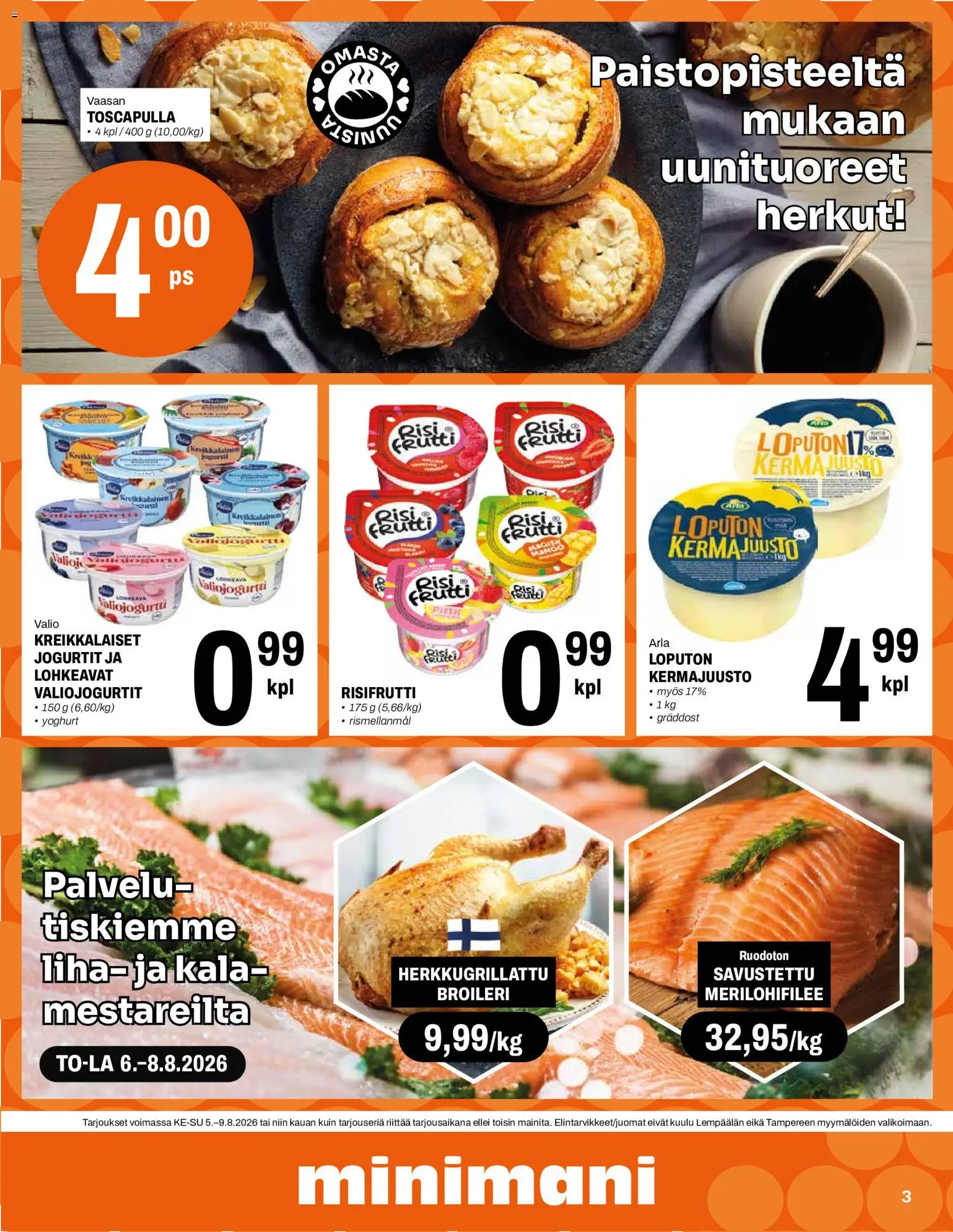 Minimani tarjoukset – voimassa 05/08/2026 alkaen | Sivu: 3 | Tuotteet: Risifrutti, Kermajuusto, Kala, Liha