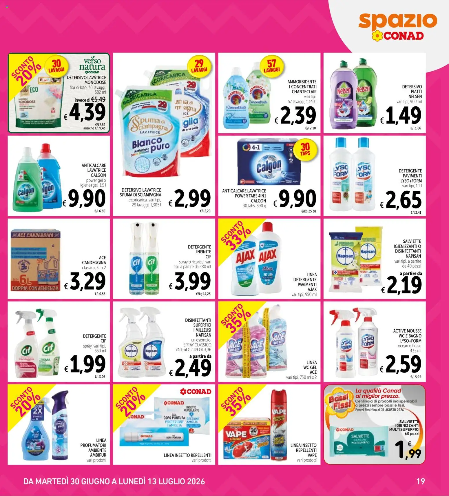 Volantino Spazio Conad del 30/06/2026 | Pagina: 19 | Prodotti: Salviette igienizzanti, Lavatrice, WC, Bagno