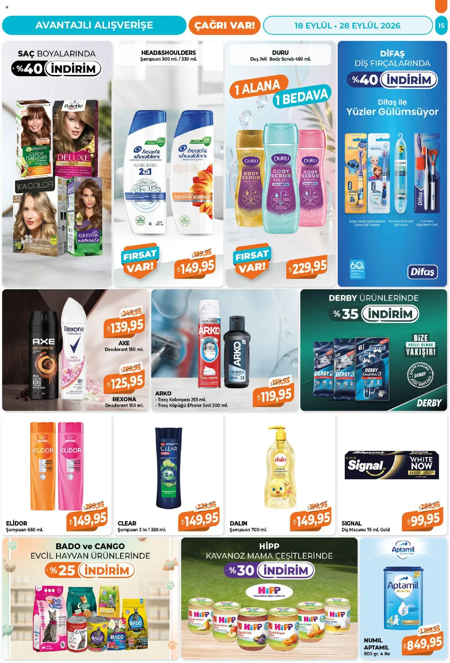 Çağrı Market Katalog - 18 Eylül 2026 tarihinden itibaren geçerlidir | Sayfa: 15 | Ürünler: Şampuan, Diş macunu, Parfüm, Koku