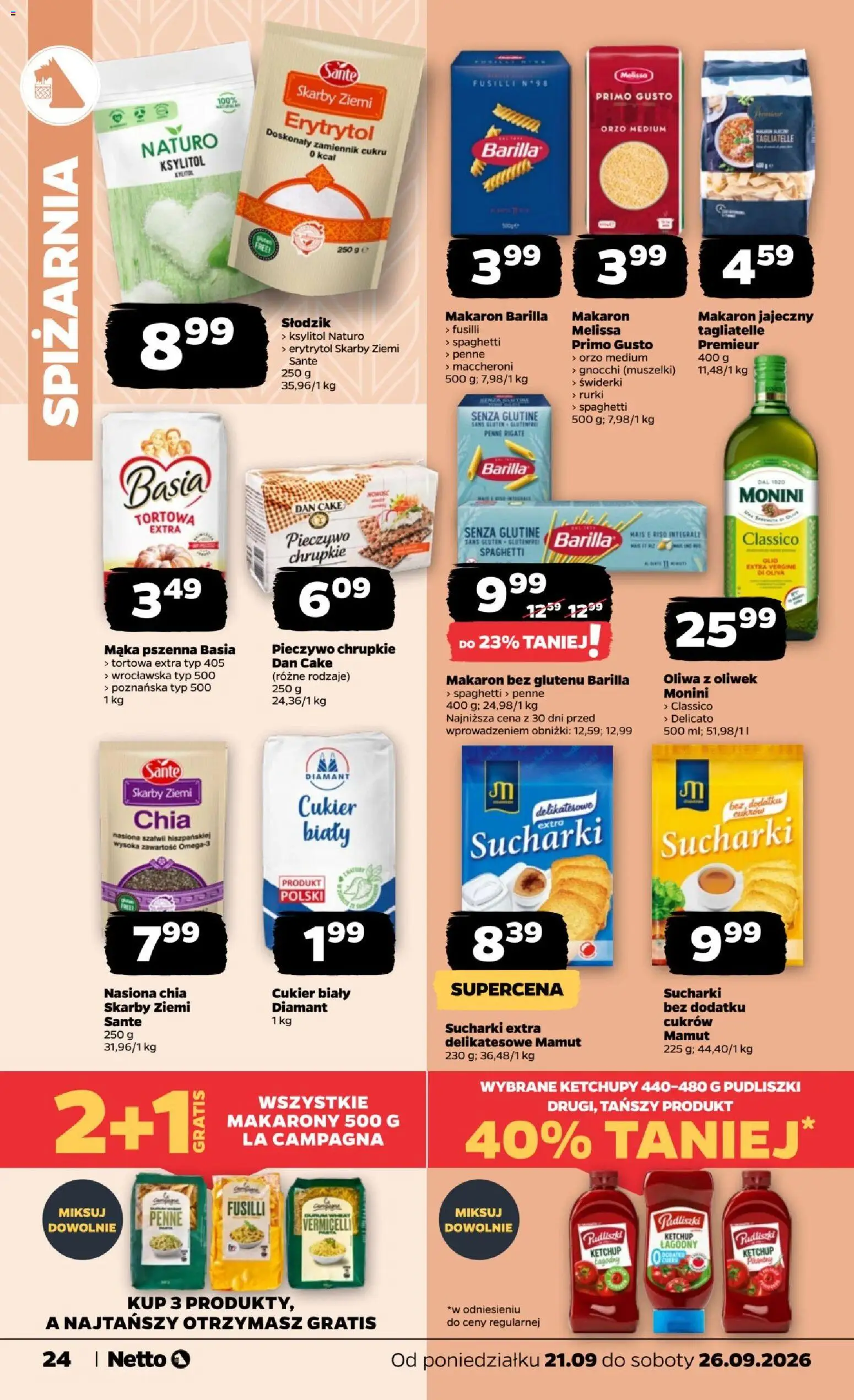 Netto gazetka od poniedziałku od 21.09.2026 | Strona: 24 | Produkty: Erytrytol, Makaron Barilla, Pasta, Tagliatelle