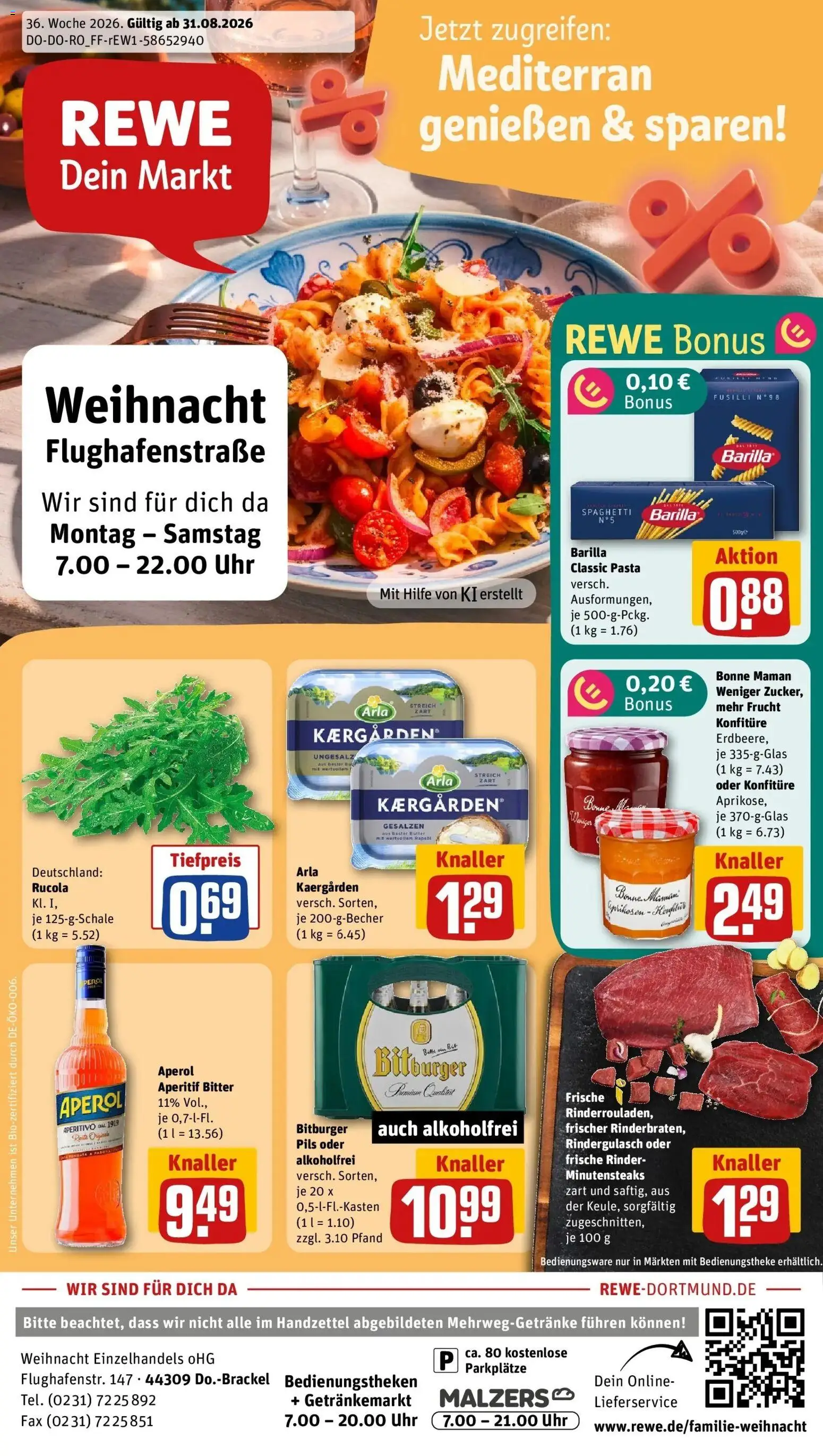 REWE Prospekt ab 31.08.2026 zum Blättern » Angebote | Seite: 1 | Produkte: Bitburger, Pils, Pasta, Bonne maman
