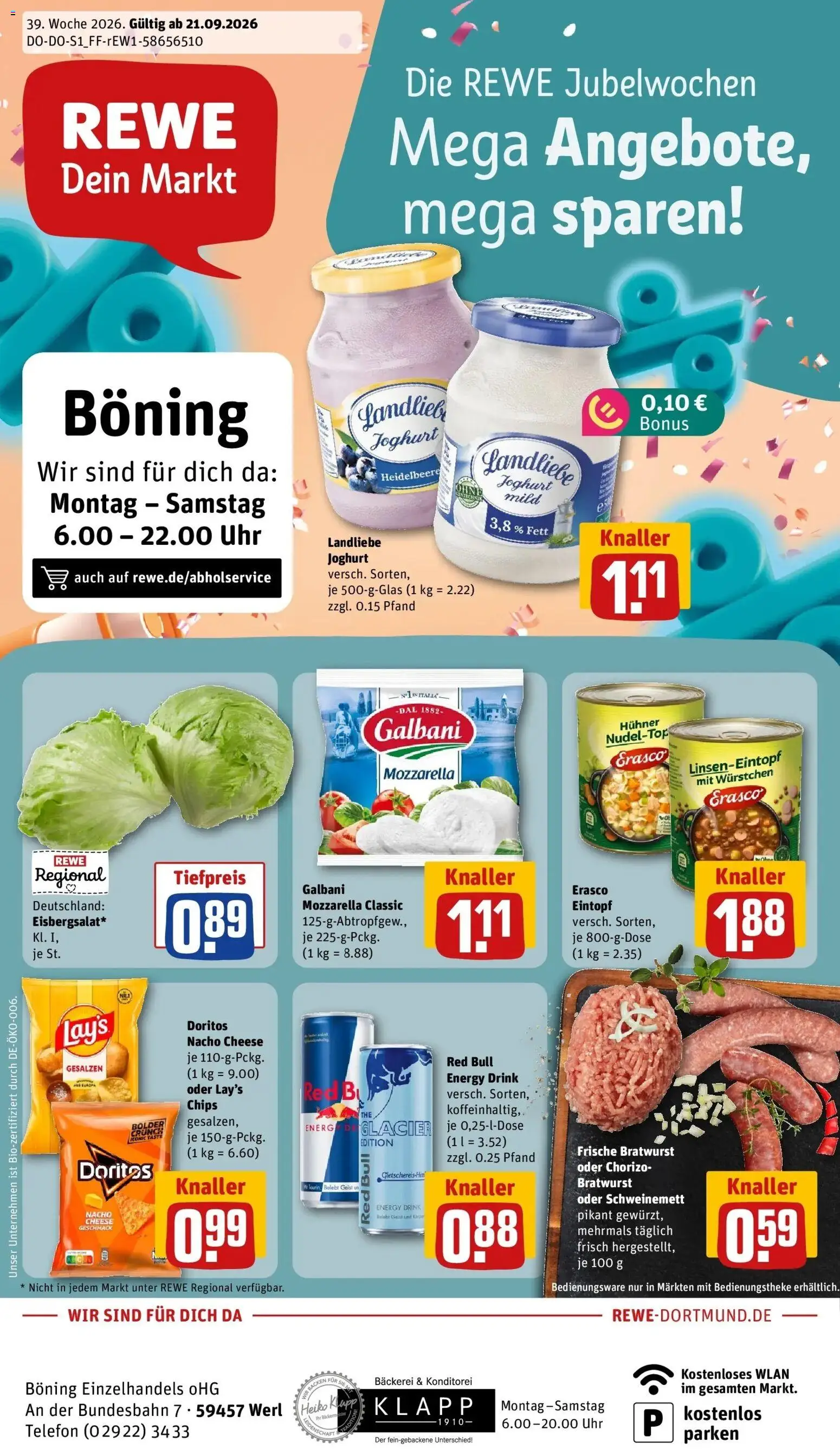 REWE Prospekt ab 21.09.2026 zum Blättern » Angebote | Seite: 1 | Produkte: Energy, Mozzarella, Chips, Telefon
