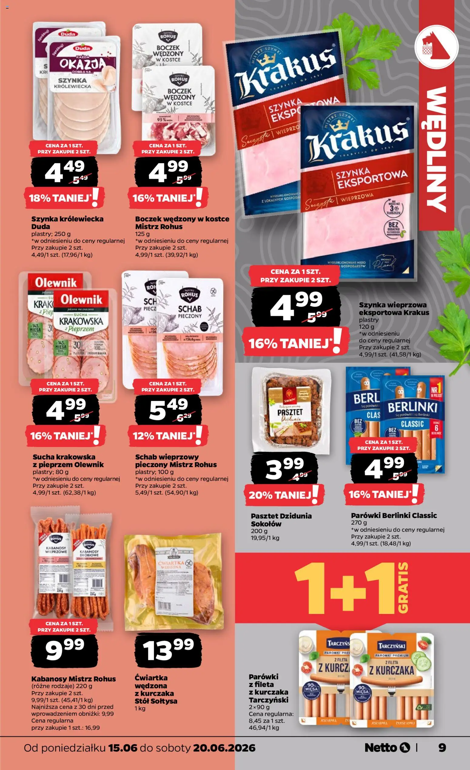 Netto gazetka od poniedziałku spożywcza od 15.06.2026 | Strona: 9 | Produkty: Parówki berlinki, Szynka, Stół, Boczek
