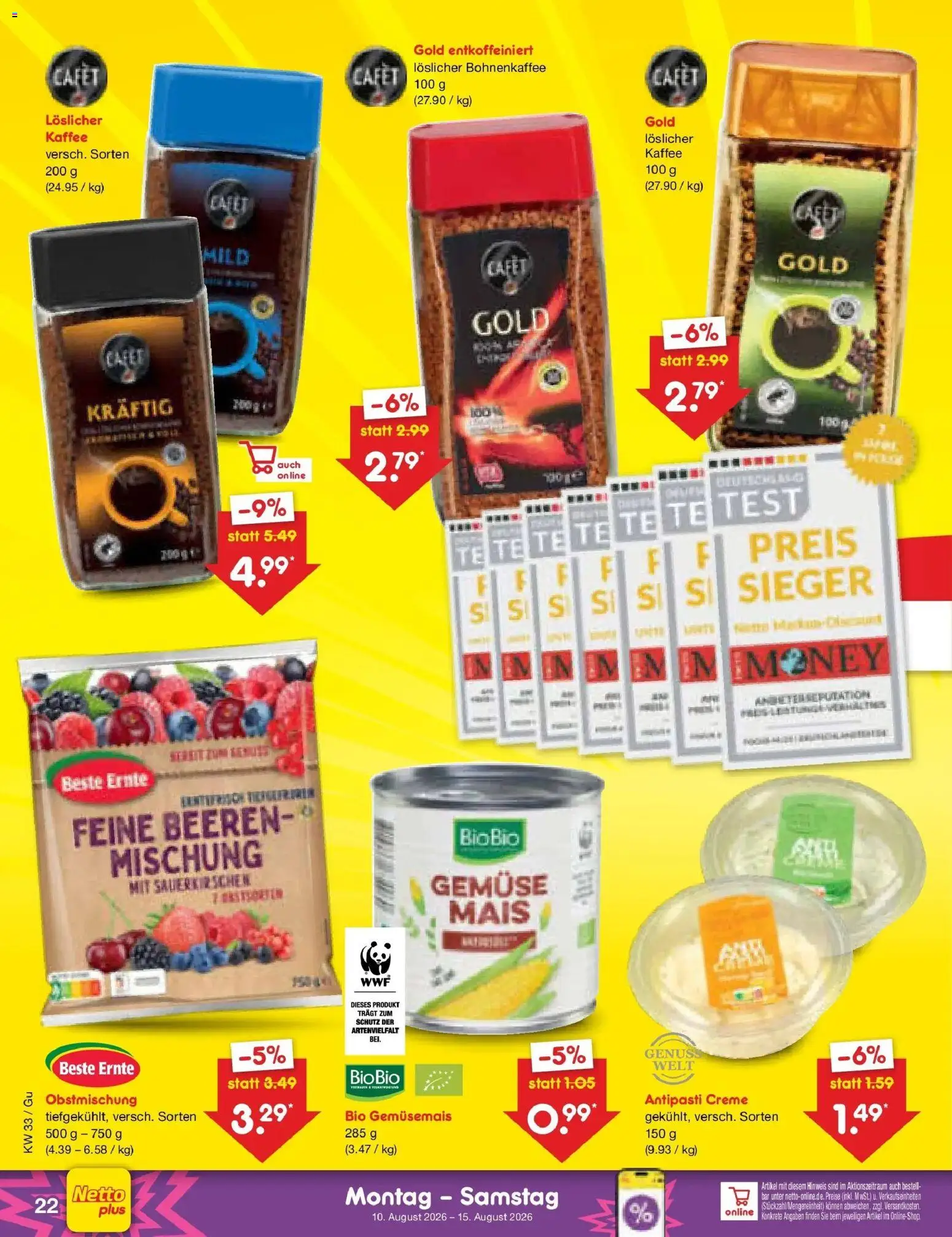 Netto Marken-Discount Prospekt Augustusburg (ab 10.08.2026) » Angebote | Seite: 32 | Produkte: Mais, Kaffee, Creme, Gemüse