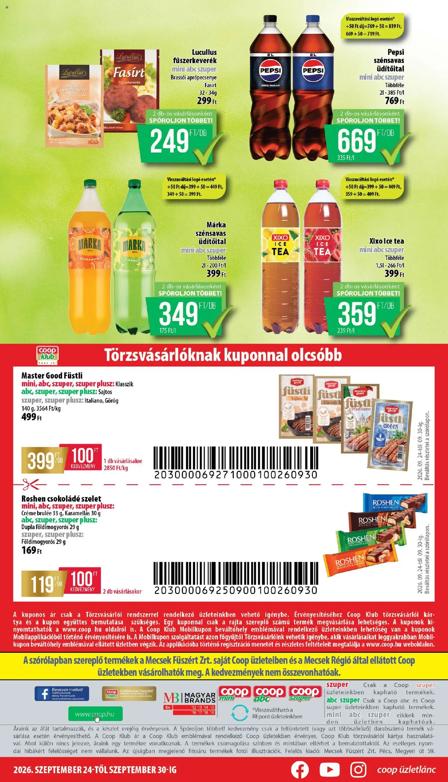 COOP akciós ujság - amely érvényes a következő dátumtól: 2026.09.24. | Oldal: 12 | Termékek: Szelet, Pepsi, Füstli, Roshen