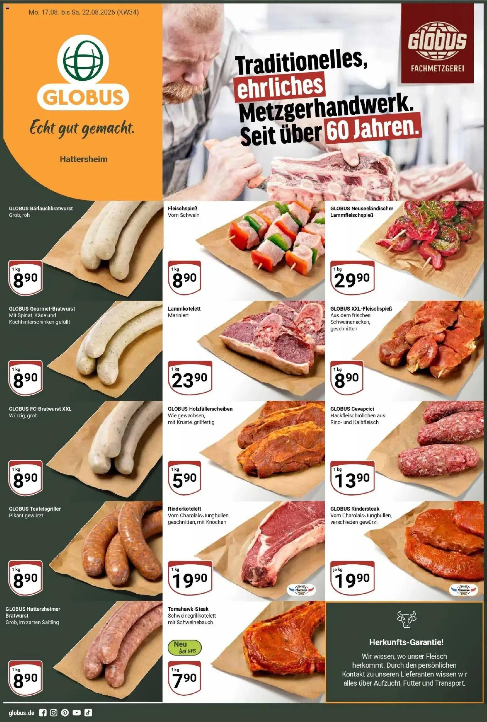 Globus Prospekt Hattersheim (ab 17.08.2026) » Angebote online | Seite: 1 | Produkte: Käse, Schweinebauch, Bratwurst, Fleisch