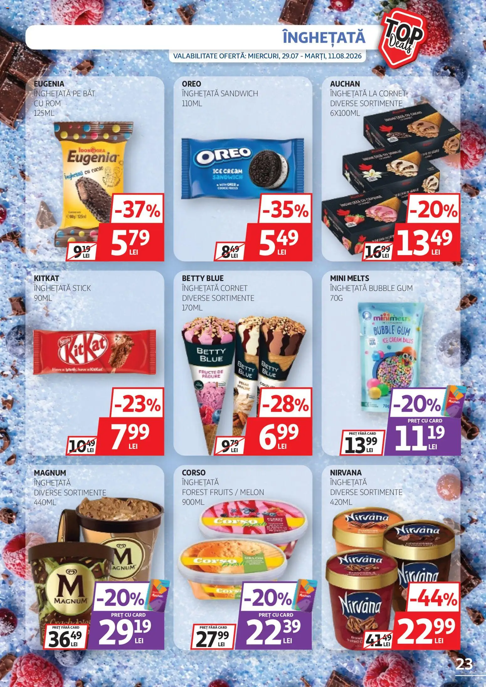 Noul catalog Auchan – valabil de la 29.07.2026 | Pagină: 23 | Produse: Oreo, Rom, Înghețată, Fructe