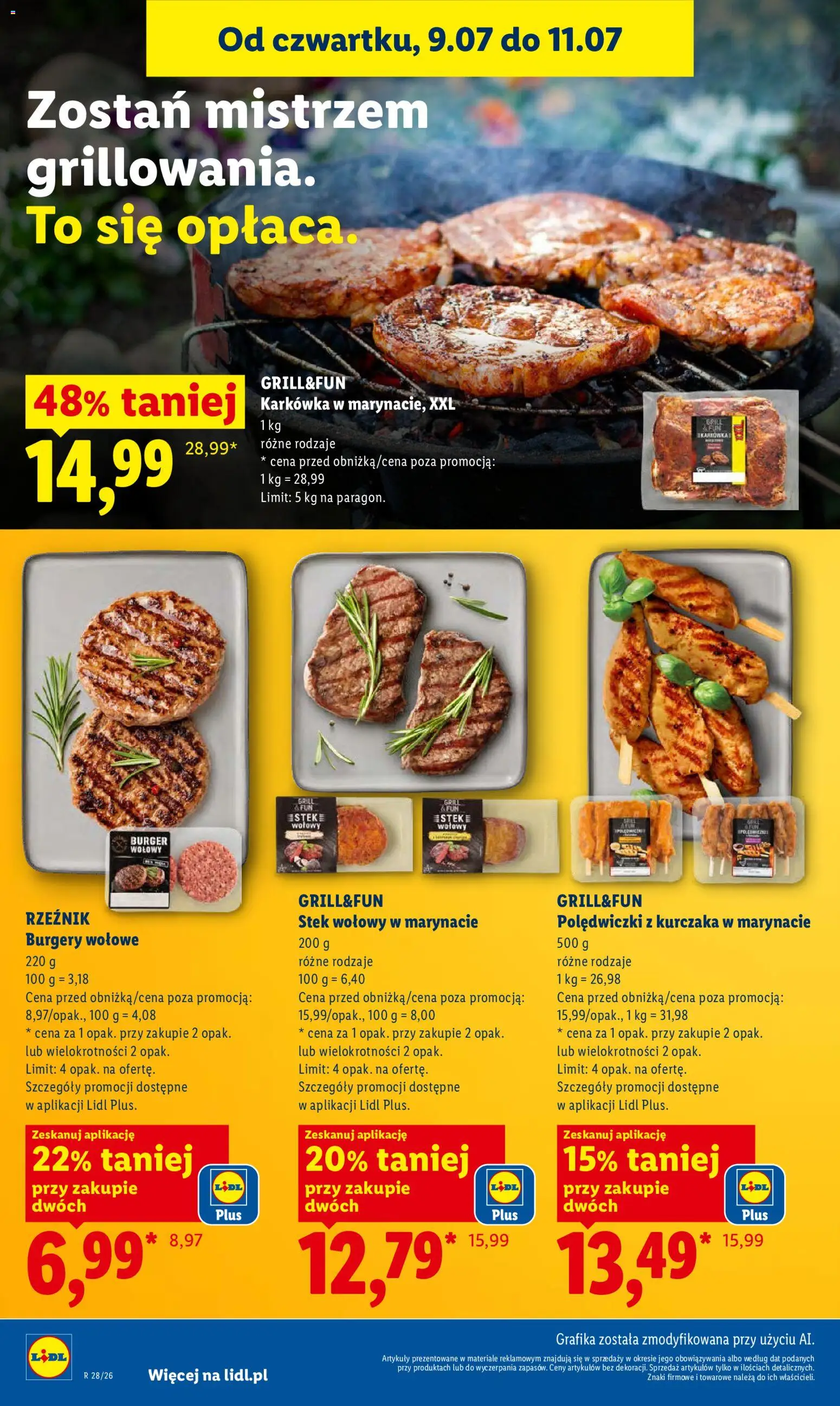 Lidl gazetka od 09.07.2026 | Strona: 50 | Produkty: Burger wołowy, Karkówka, Grill, Burgery wolowe