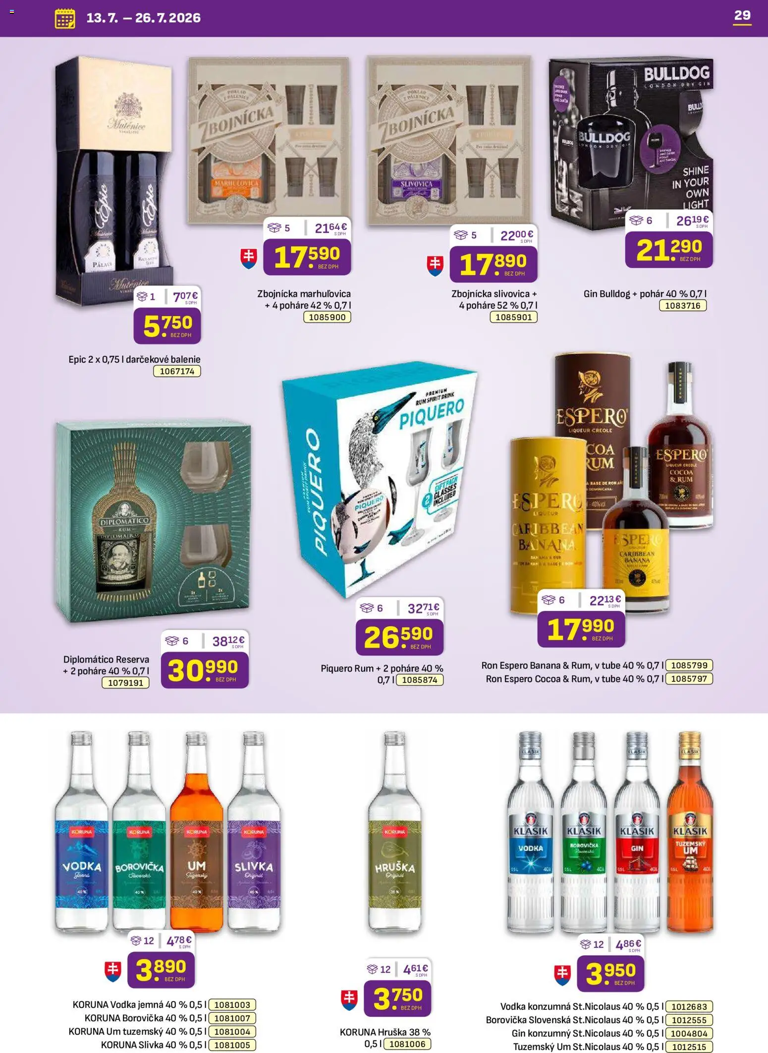 Nové Libex akcie – leták je platný od 13.07.2026 | Strana: 29 | Produkty: Diplomatico, Borovička, Gin, Rum