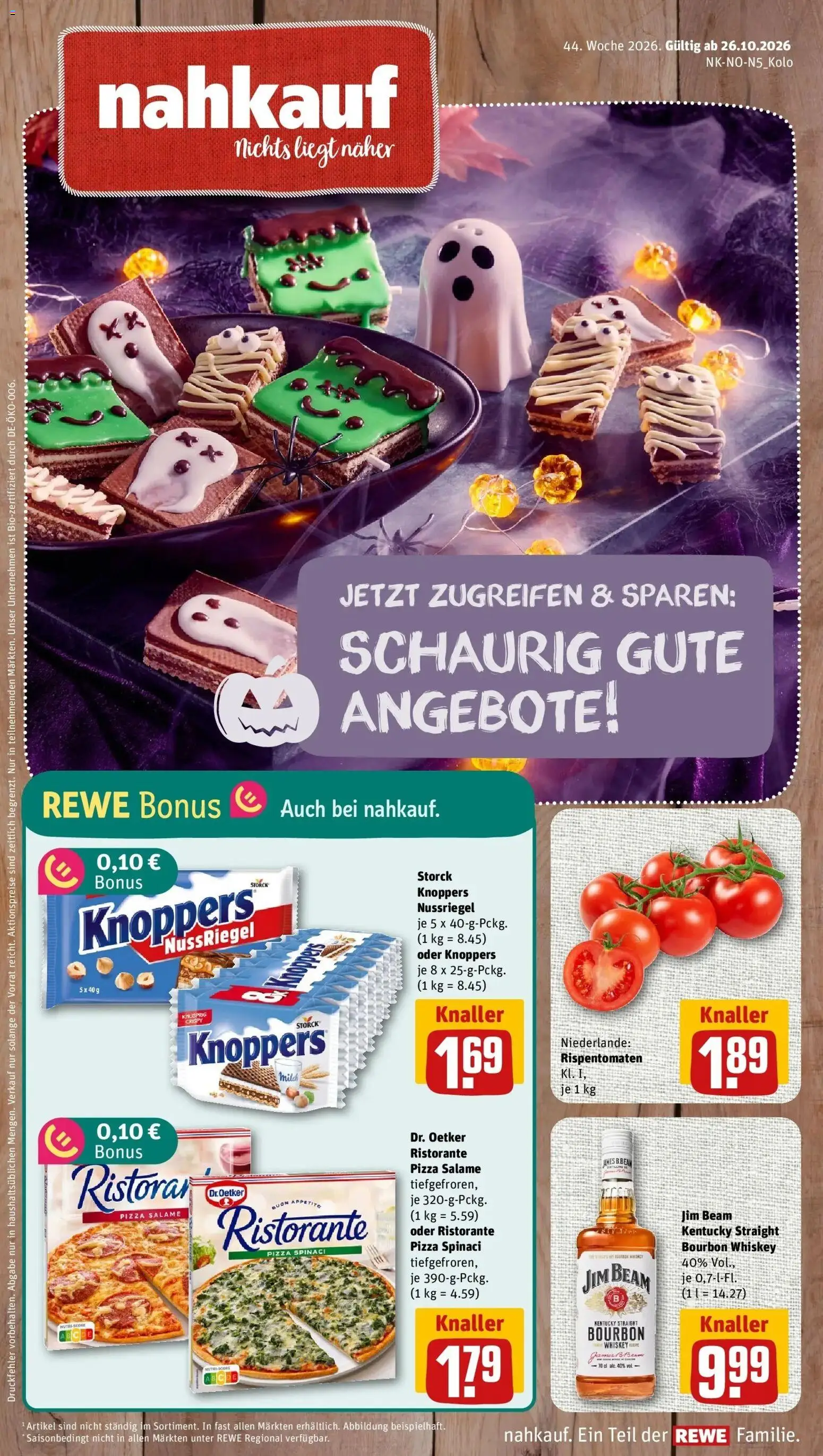 REWE Prospekt ab 26.10.2026 zum Blättern » Angebote | Seite: 1 | Produkte: Ristorante, Jim beam, Knoppers, Bourbon