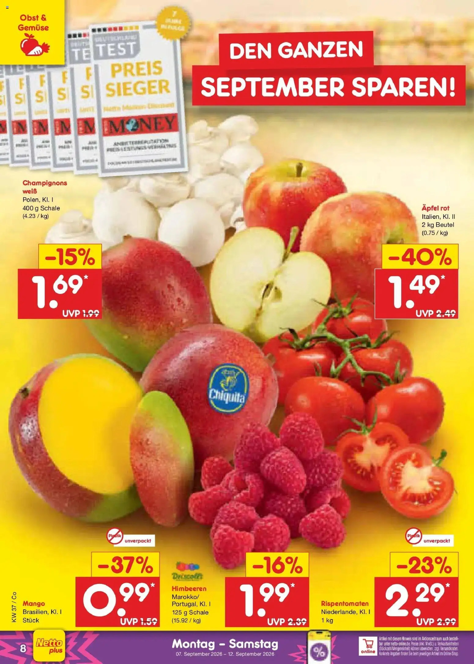 Netto Marken-Discount Prospekt Leipzig – gültig ab 07.09.2026 | Seite: 14 | Produkte: Himbeeren, Äpfel, Obst, Mango