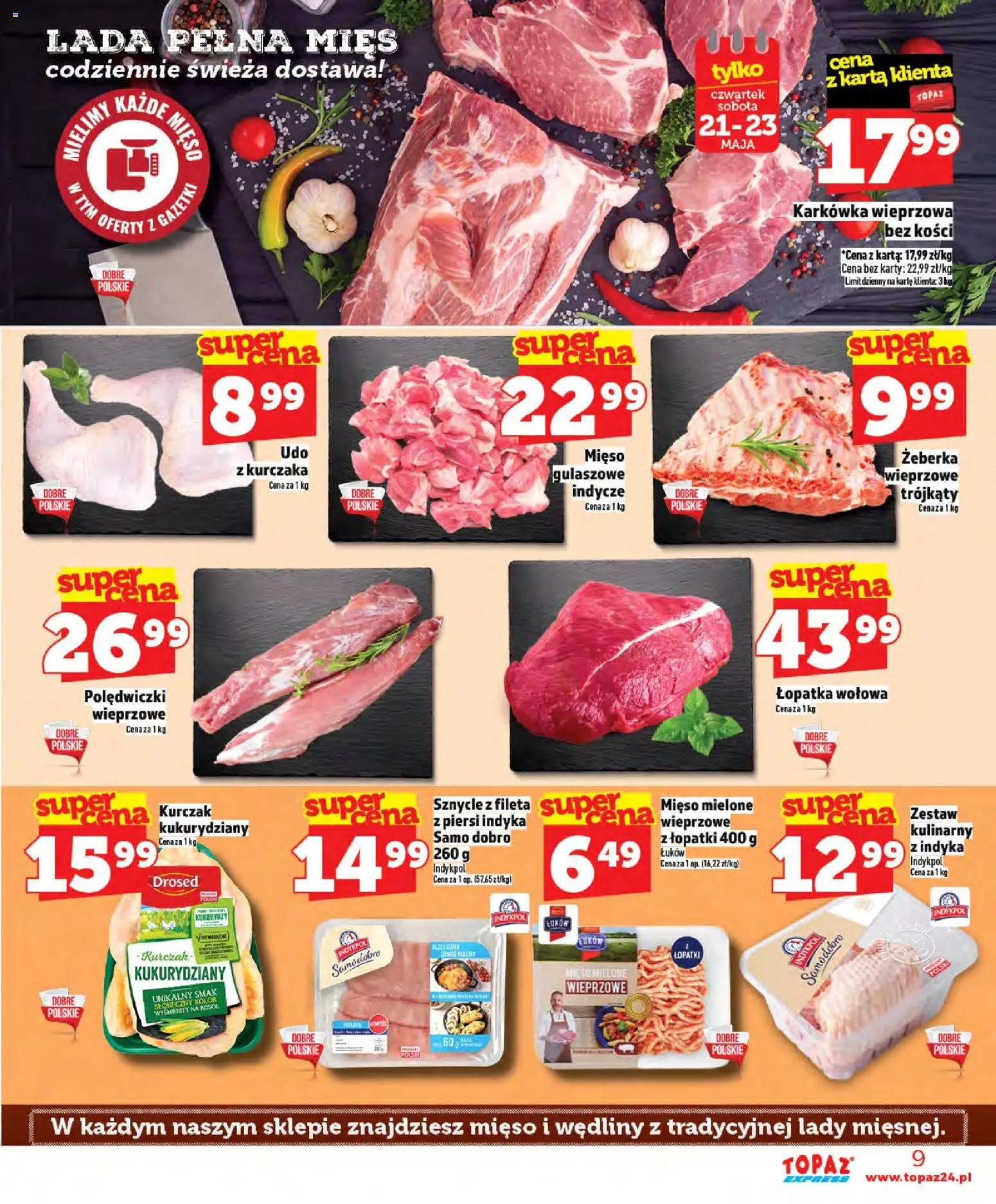 Topaz gazetka - Express od 21.05.2026 | Strona: 9 | Produkty: Karta, Karkówka, Karkówka wieprzowa, Mięso mielone