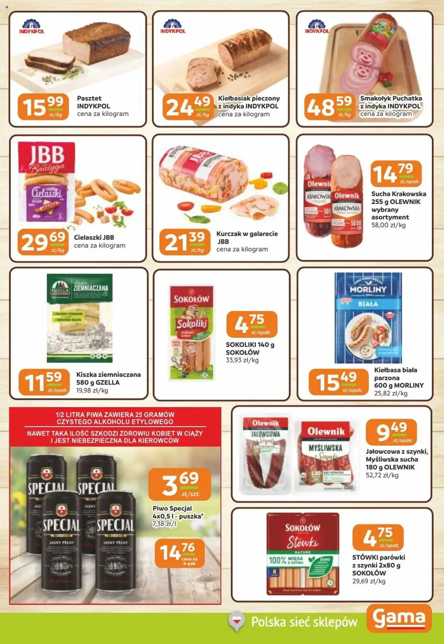 Gama gazetka od 07.05.2026 | Strona: 3 | Produkty: Kiełbasa, Kurczak, Kiszka ziemniaczana, Piwo