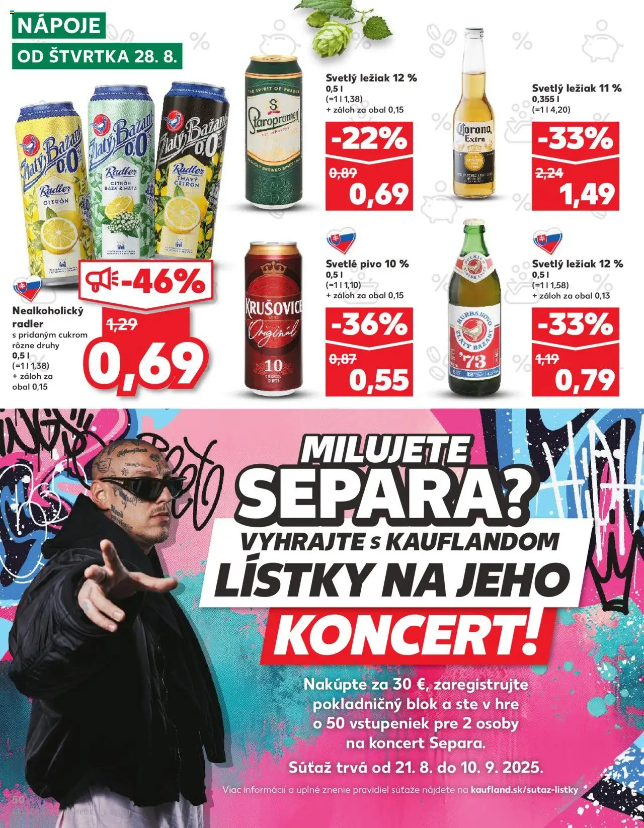 Nové Kaufland akcie – leták je platný od 28.08.2025 | Strana: 50 | Produkty: Pivo, Radler, Zlatý Bažant, Staropramen