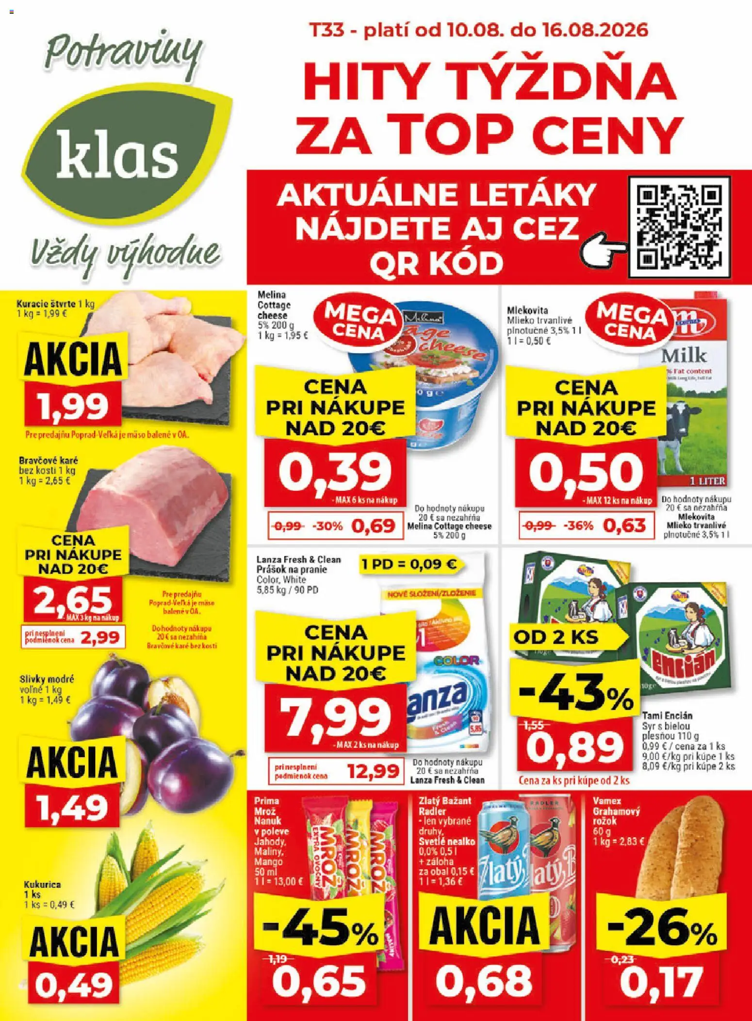 Nové Klas akcie – leták je platný od 10.08.2026 | Strana: 1 | Produkty: Syr, Nanuk, Mäso, Bravčové karé
