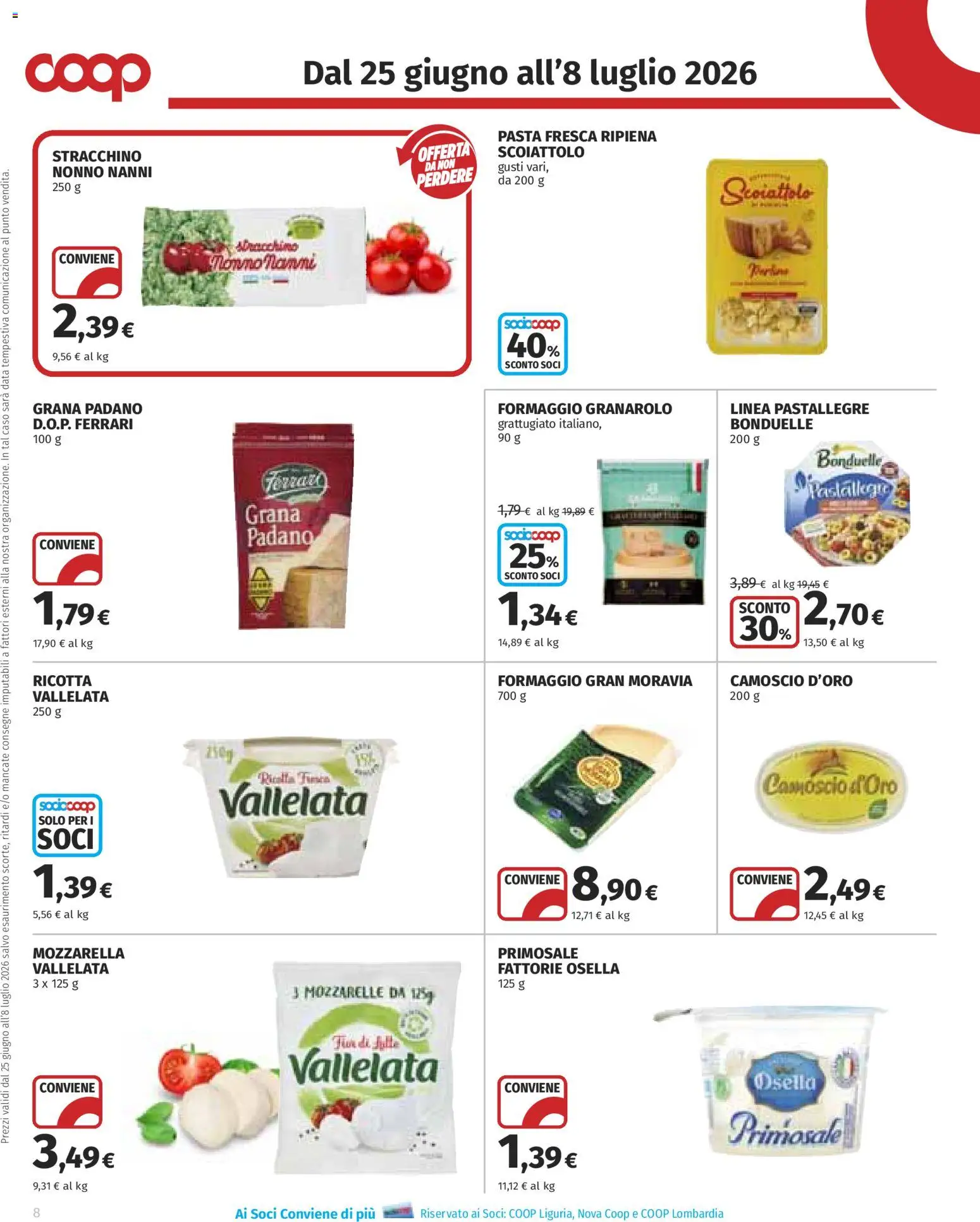 Volantino COOP del 25/06/2026 | Pagina: 8 | Prodotti: Mozzarella, Grana Padano, Stracchino, Ricotta
