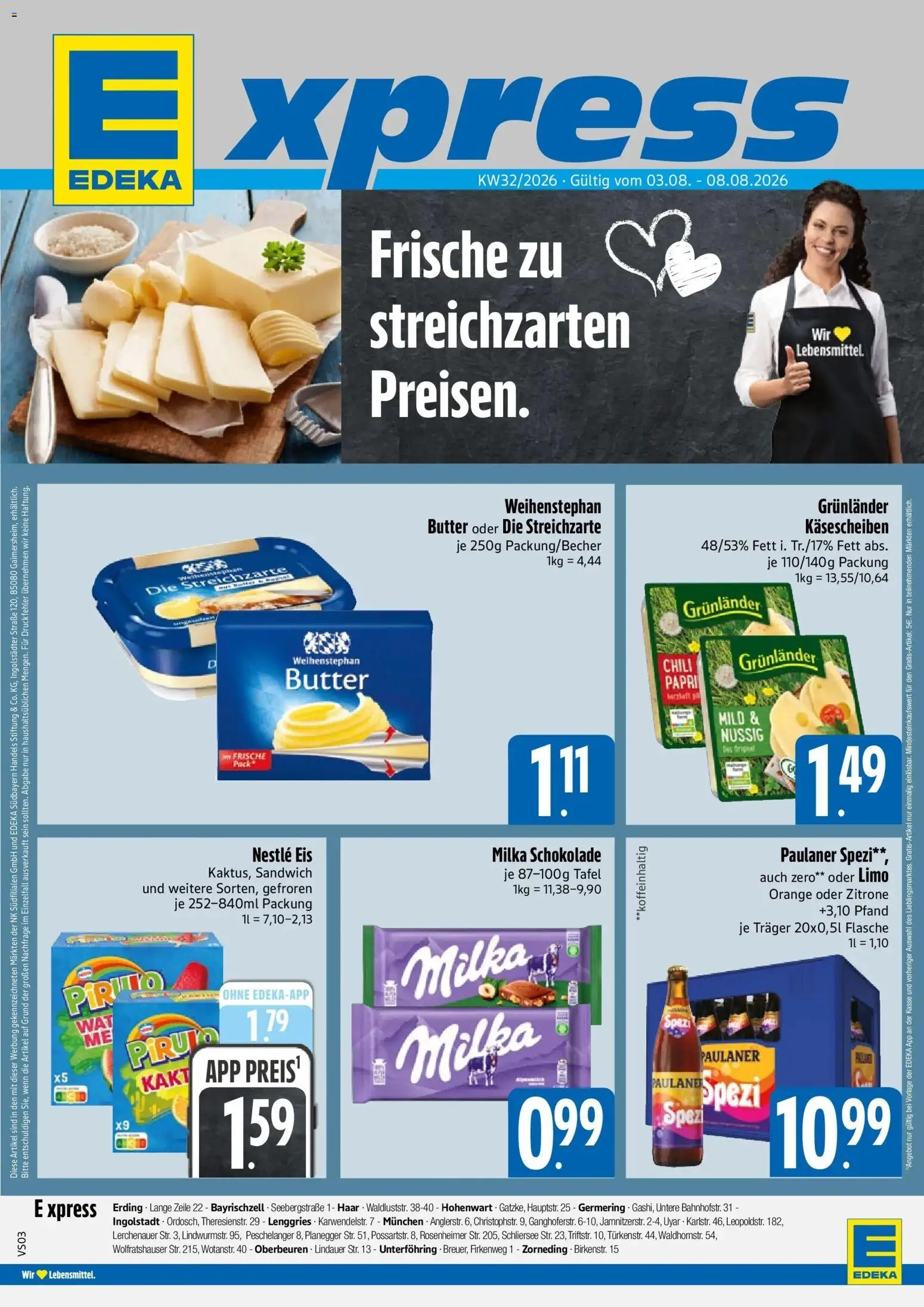 E xpress Prospekt München – gültig ab 03.08.2026 | Seite: 1 | Produkte: Butter, Schokolade, Grunlander, Paulaner