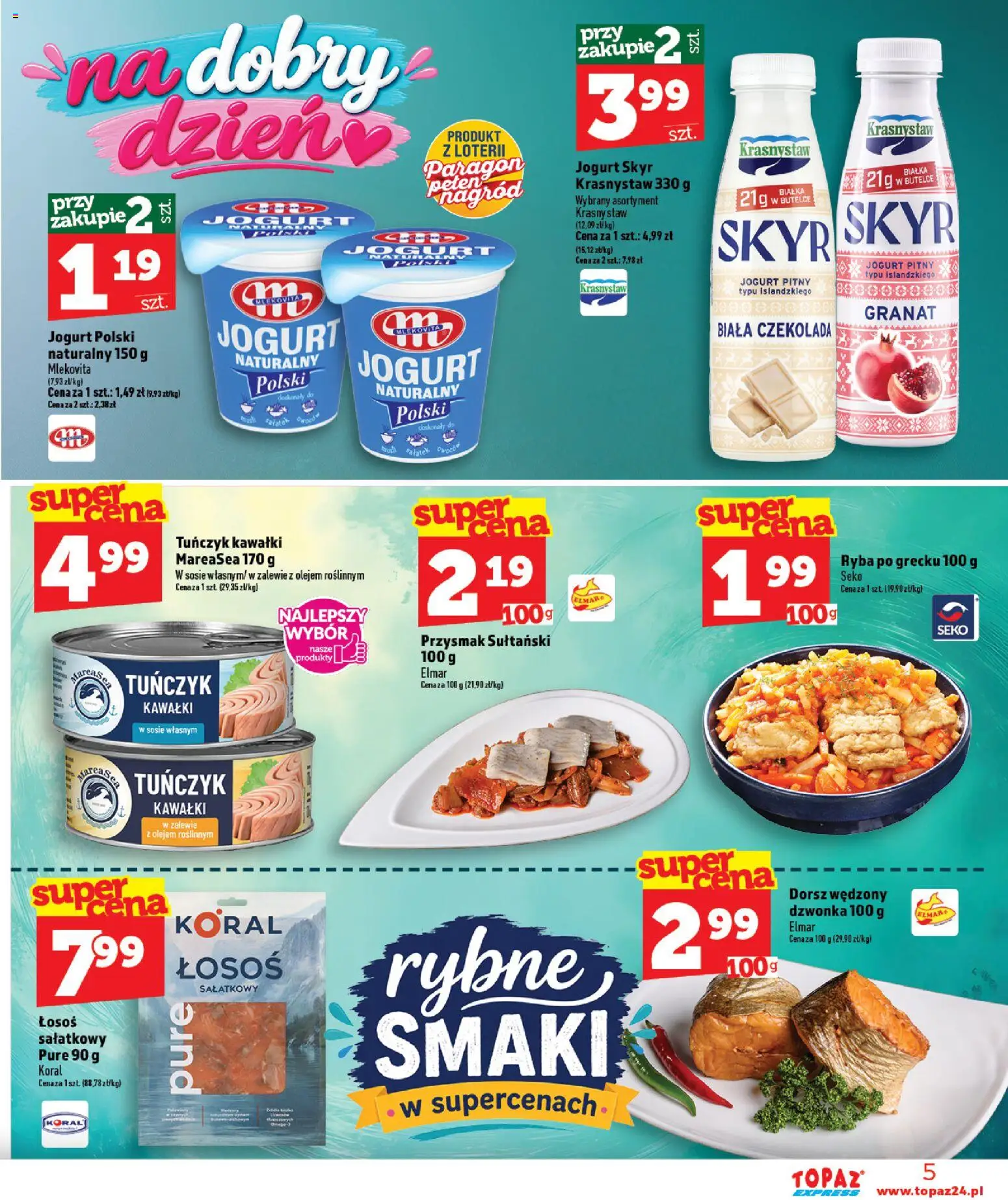 Topaz gazetka - Express od 10.09.2026 | Strona: 5 | Produkty: Jogurt pitny, Dorsz, Łosoś, Tuńczyk