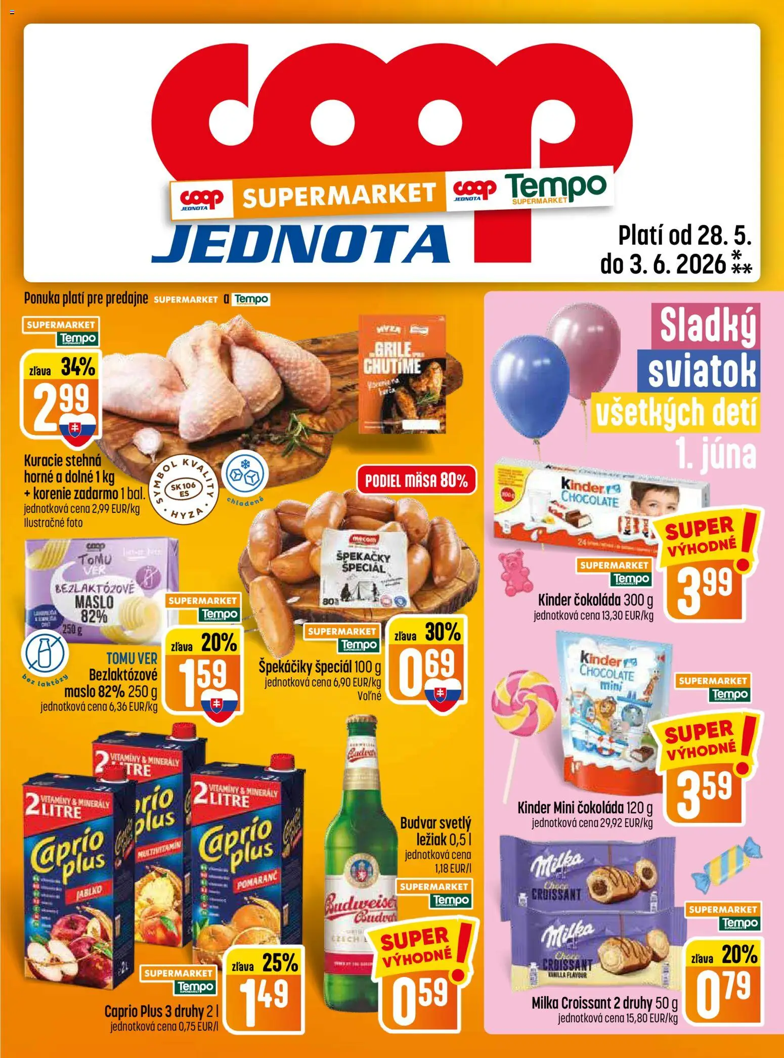 Nové COOP Jednota akcie – leták je platný od 28.05.2026 | Strana: 13 | Produkty: Kinder, Čokoláda, Kuracie stehná, Milka