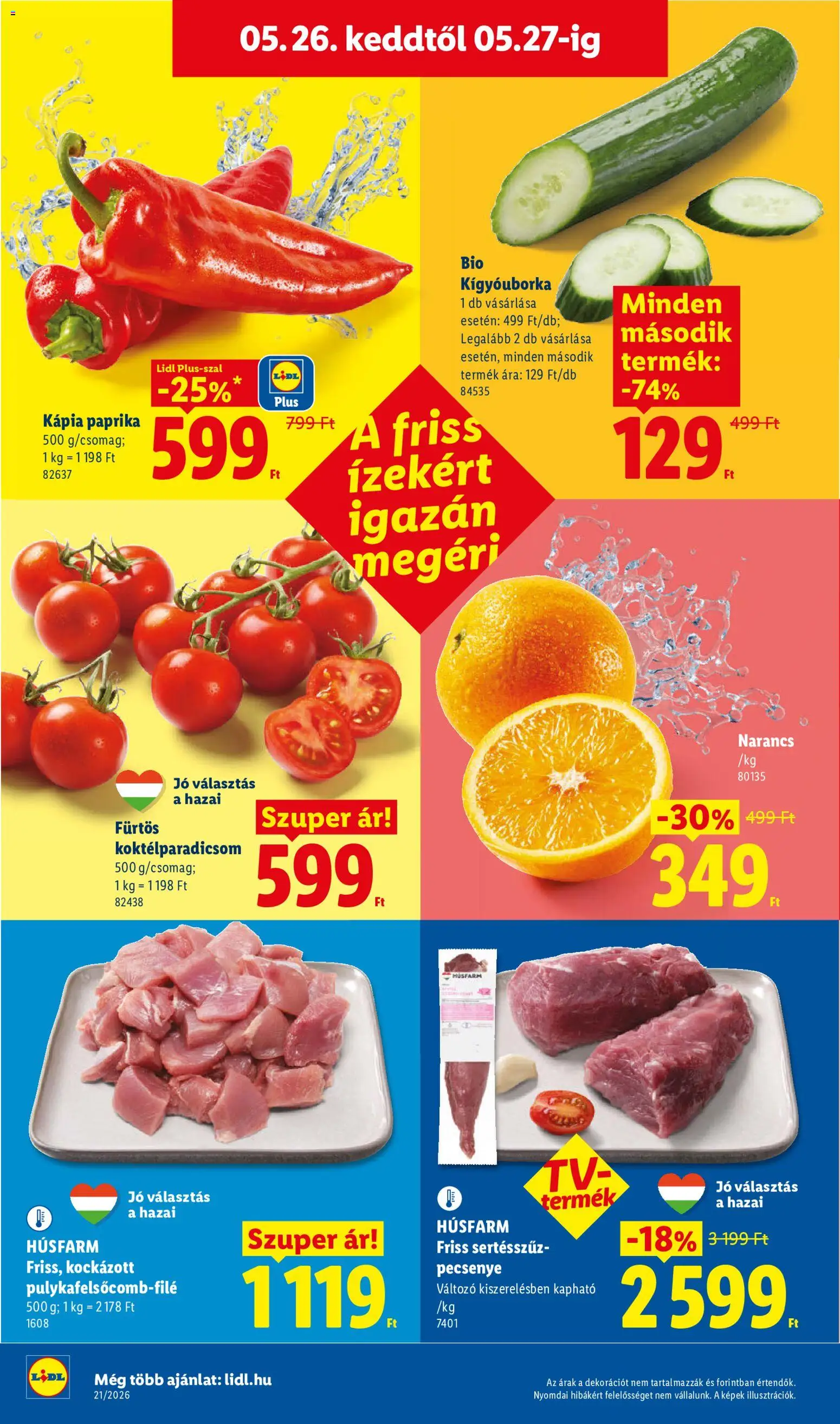 Lidl akciós ujság - amely érvényes a következő dátumtól: 21.05.2026 | Oldal: 68 | Termékek: Kígyóuborka, Koktélparadicsom, Narancs, Kápia paprika