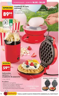 Pogląd oferty "Gofrownica, opiekacz lub urządzenie do popcornu*, moc: 1200 W, Do wyboru: gofrownica na 5 gofrów, gofrownica do gofrów bąbelkowych, opiekacz do pączków z dziurką, maszynka do popcornu z miarką do odmierzania porcji ziaren kukurydzy, z nieprzywierającą powłoką" - ważna od 16.05.2026 | Strona: 16 | Produkty: Opiekacz, Gofrownica, Donut, Popcorn