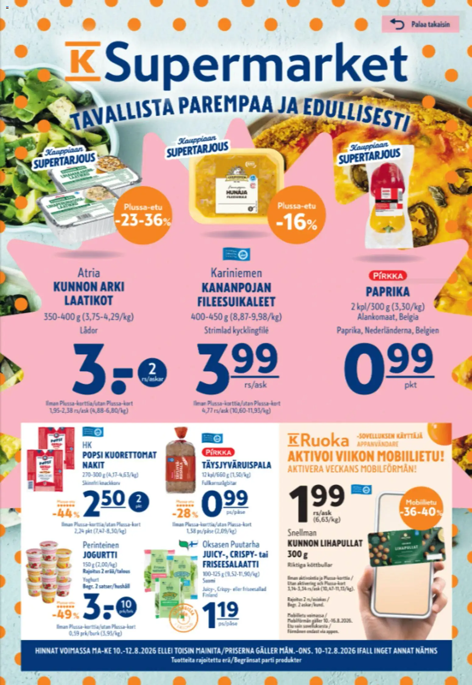 K-Supermarket tarjoukset – voimassa 10/08/2026 alkaen | Sivu: 1 | Tuotteet: Nakit, Paprika, Jogurtti, Hunaja