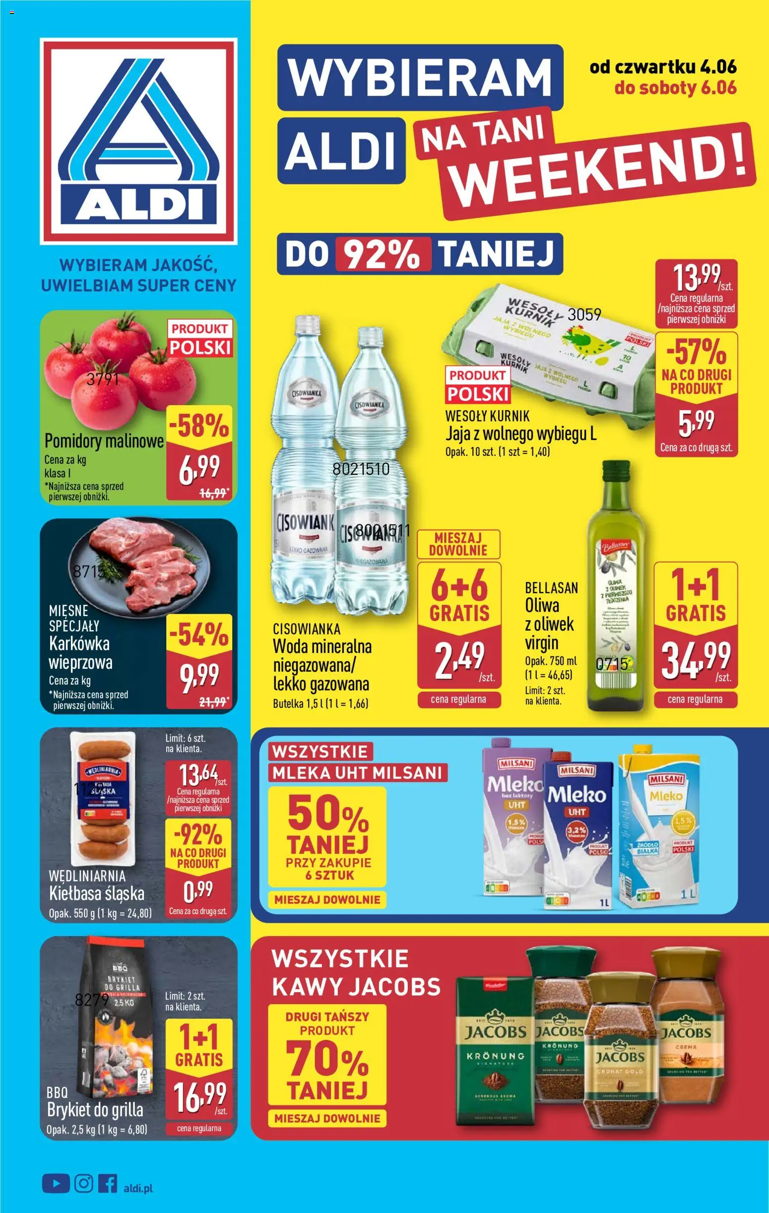 Aldi gazetka - Oferta weekendowa od 04.06.2026 | Strona: 1 | Produkty: Kiełbasa, Karkówka, Mleka, Pomidory