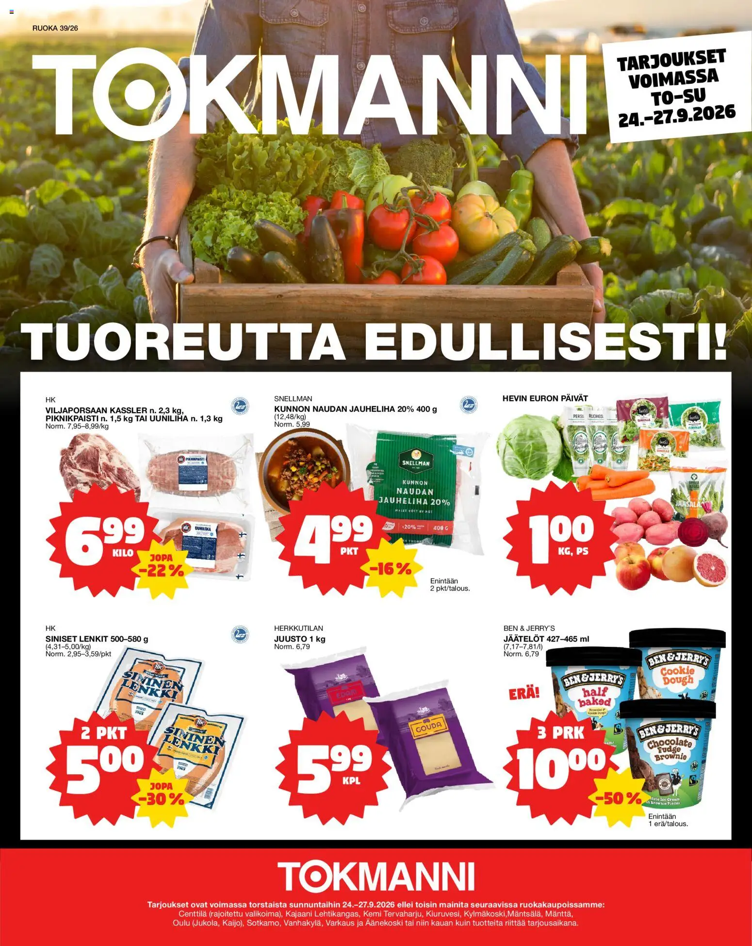 Tokmanni Ruokasanomat – voimassa 24/09/2026 alkaen | Sivu: 1 | Tuotteet: Jauheliha, Juusto