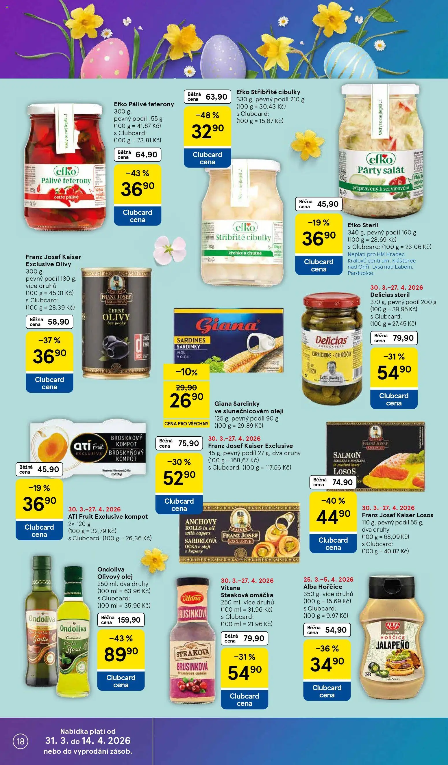 Tesco leták - Hypermarket od 31.03.2026 | Strana: 18 | Produkty: Olej, Losos, Olivy, Sardinky