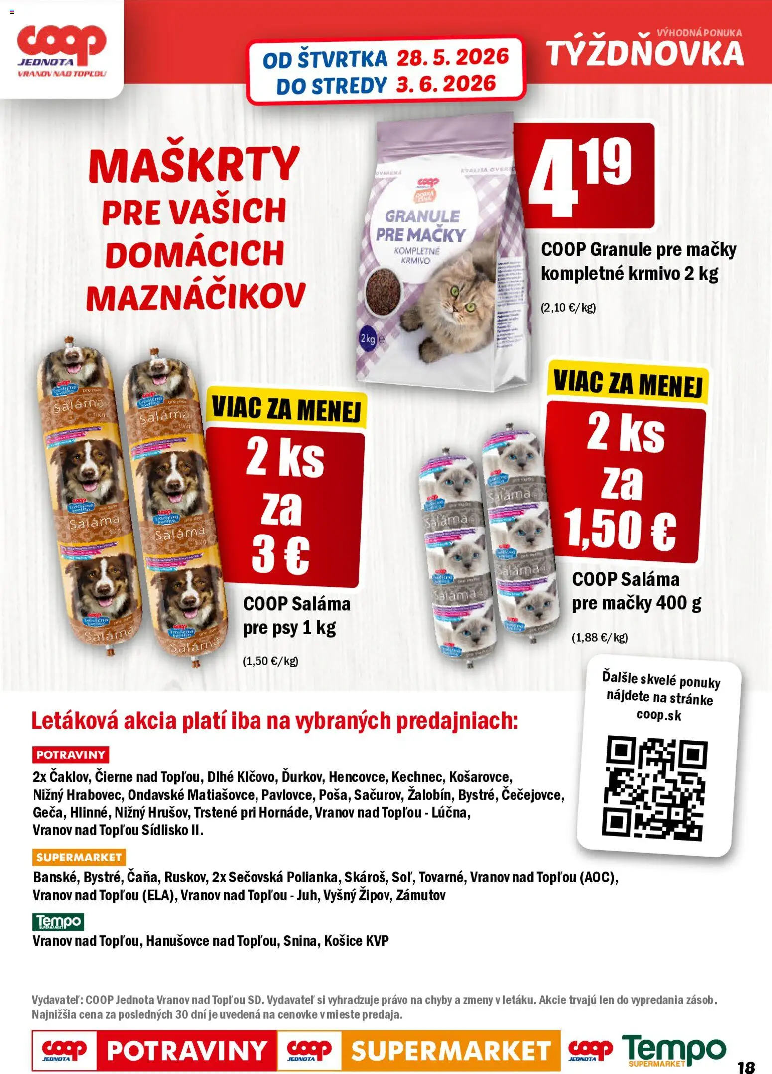 Nové COOP Jednota akcie – leták je platný od 28.05.2026 | Strana: 18 | Produkty: Saláma, Granule pre mačky