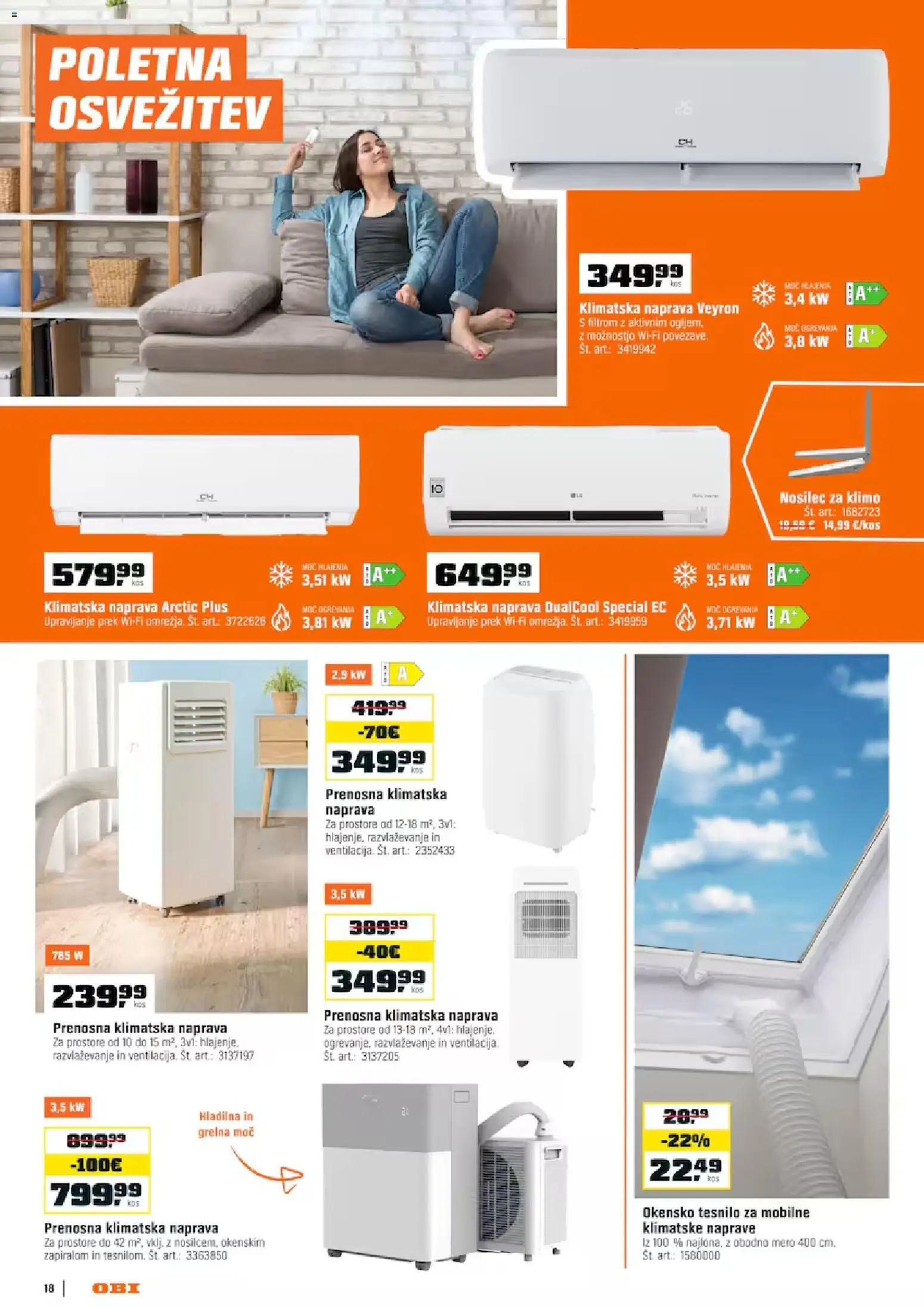 Novi OBI katalog ponudbe – veljaven od 02.07.2026 | Stran: 18 | Izdelki: Klimatska naprava, Prenosna klimatska naprava, Nosilec za klimo