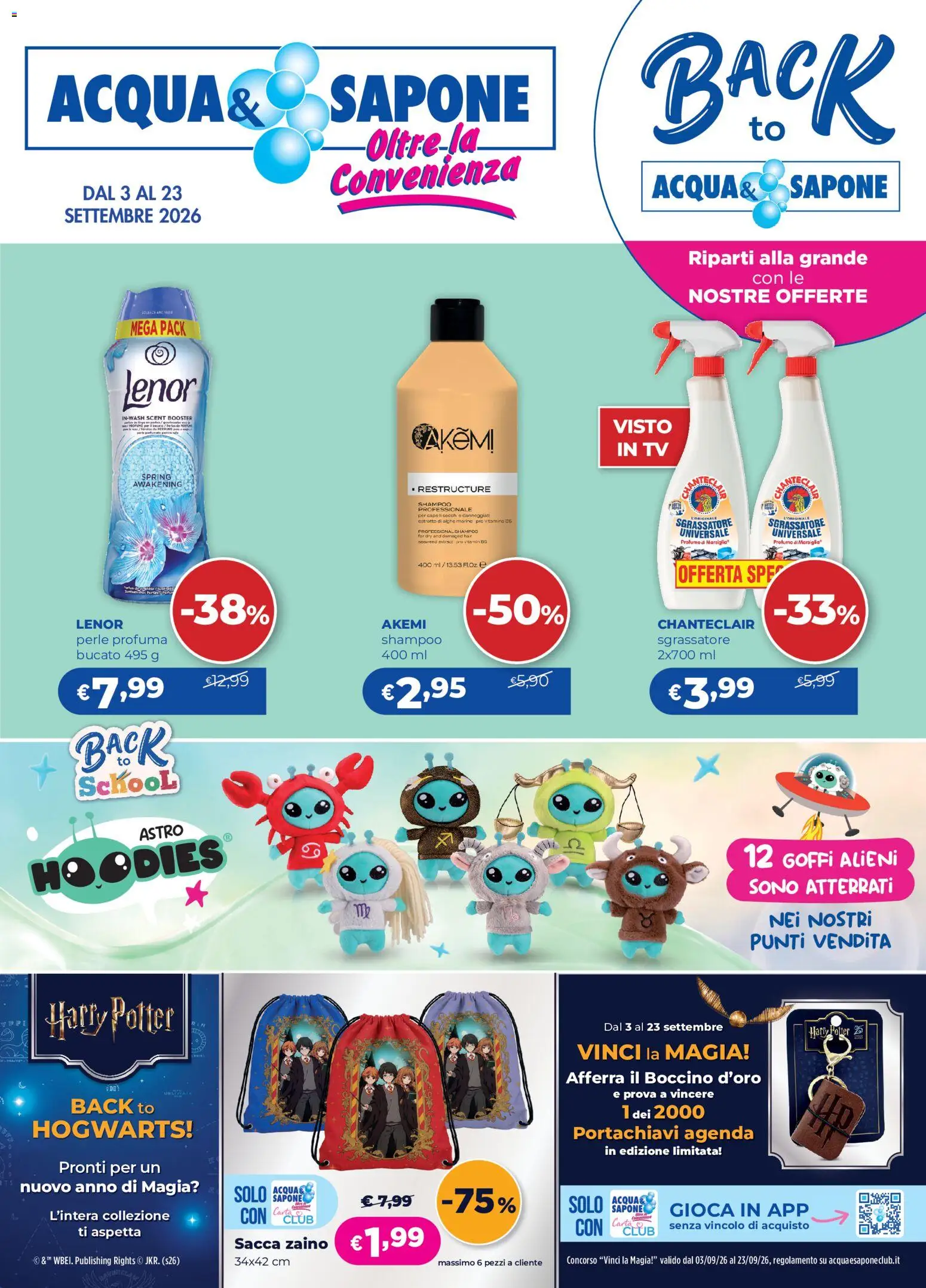 Volantino Acqua e Sapone del 03/08/2026 | Pagina: 1 | Prodotti: Shampoo, Sapone, Zaino, TV