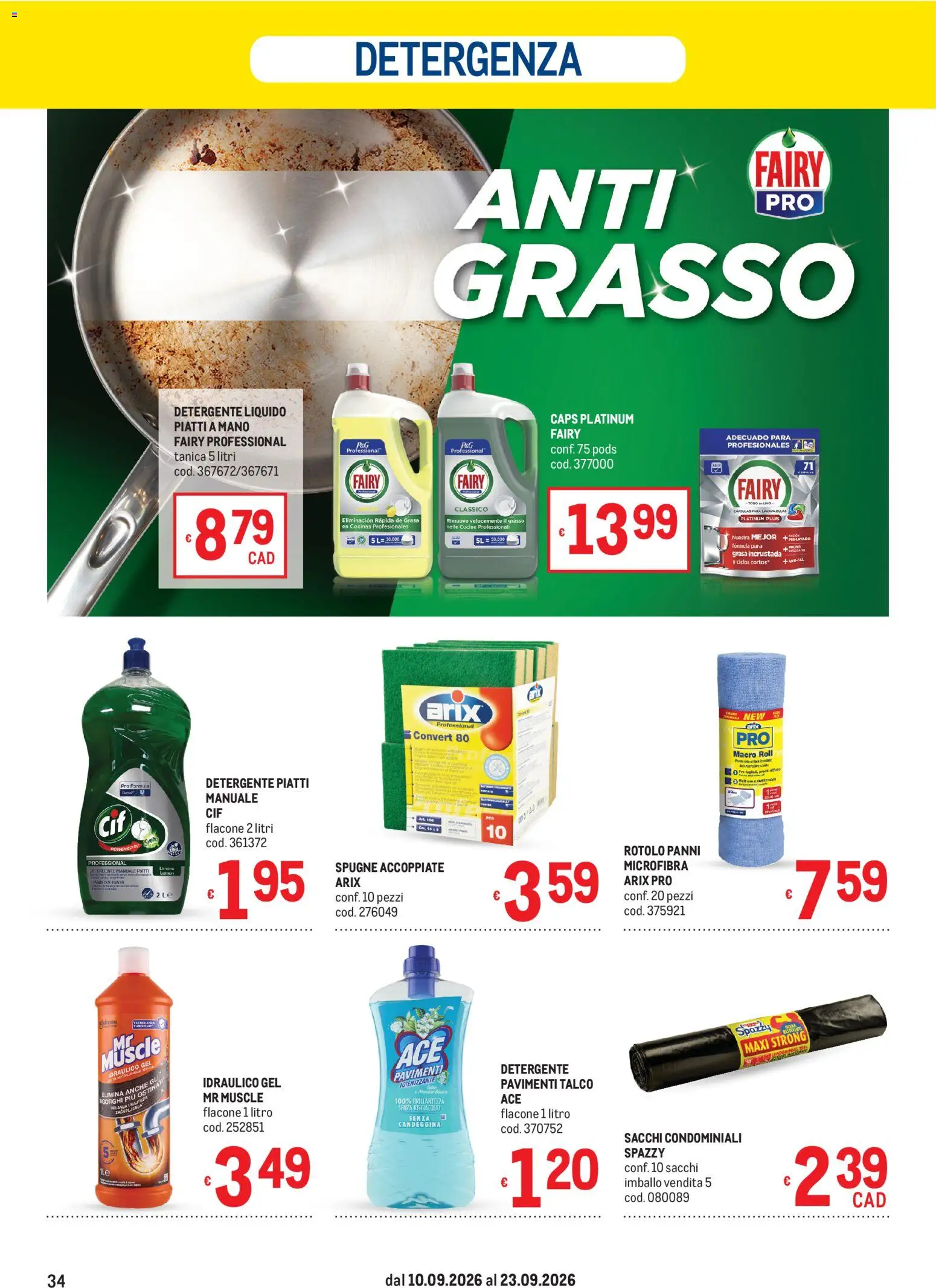 Volantino Metro del 10/09/2026 | Pagina: 34 | Prodotti: Detergente, Piatti, Candeggina, Tanica