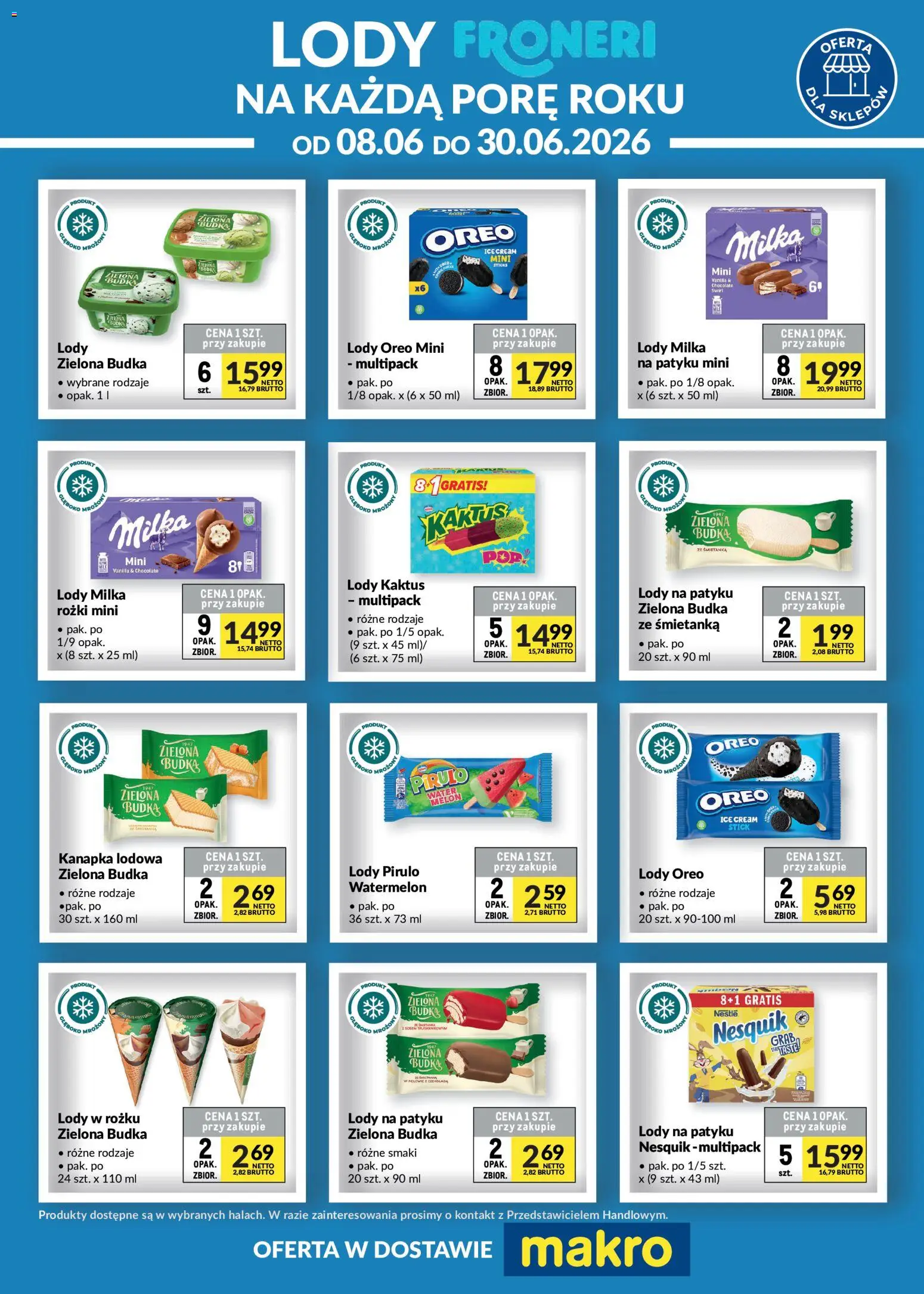 Makro gazetka - Fronerii od 08.06.2026 | Strona: 1 | Produkty: Milka, Lody na patyku, Lody Kaktus, Lody