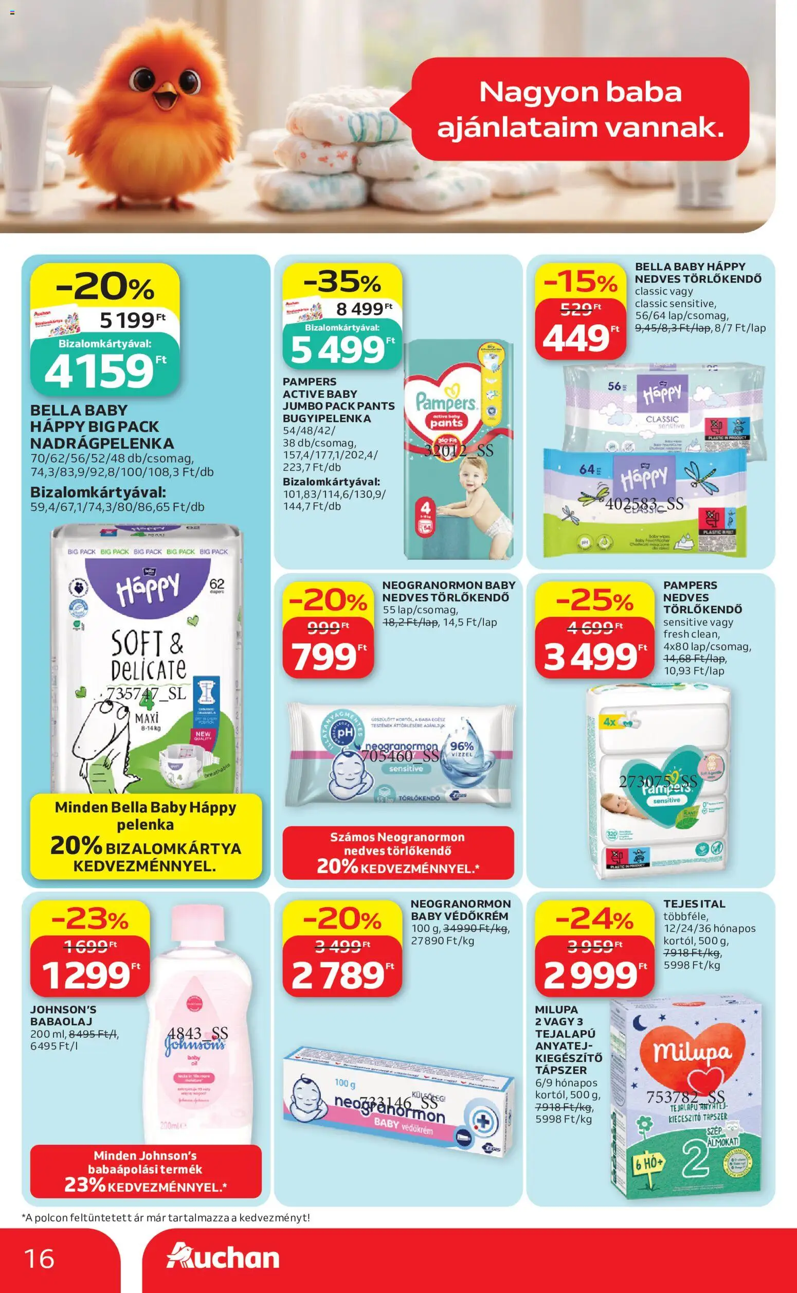 Auchan akciós ujság - amely érvényes a következő dátumtól: 04.05.2026 | Oldal: 16 | Termékek: Pampers, Törlőkendő, Pelenka, Nedves törlőkendő
