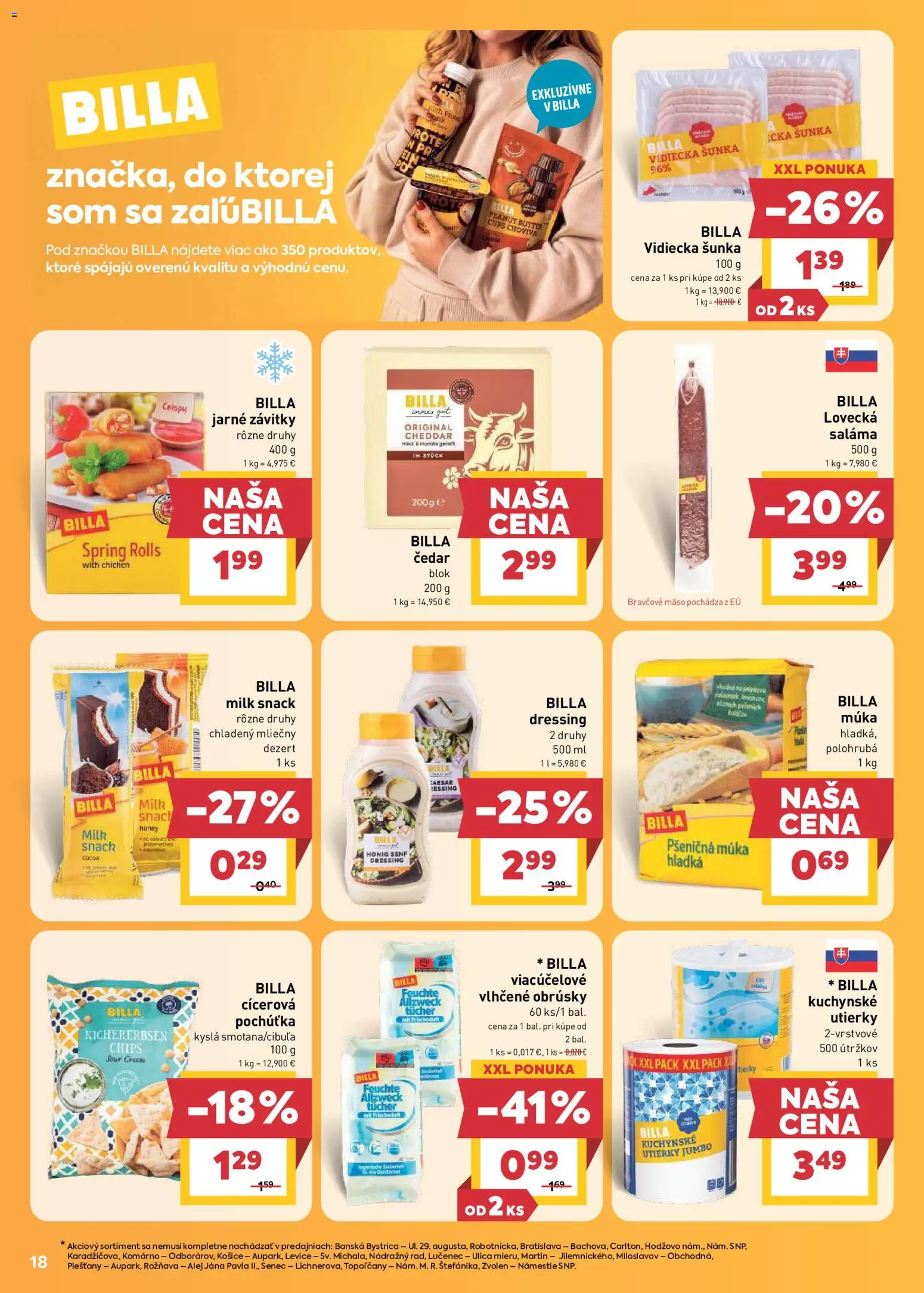 Nové Billa akcie – leták je platný od 15.07.2026 | Strana: 18 | Produkty: Saláma, Pšeničná múka, Bravčové mäso, Utierky