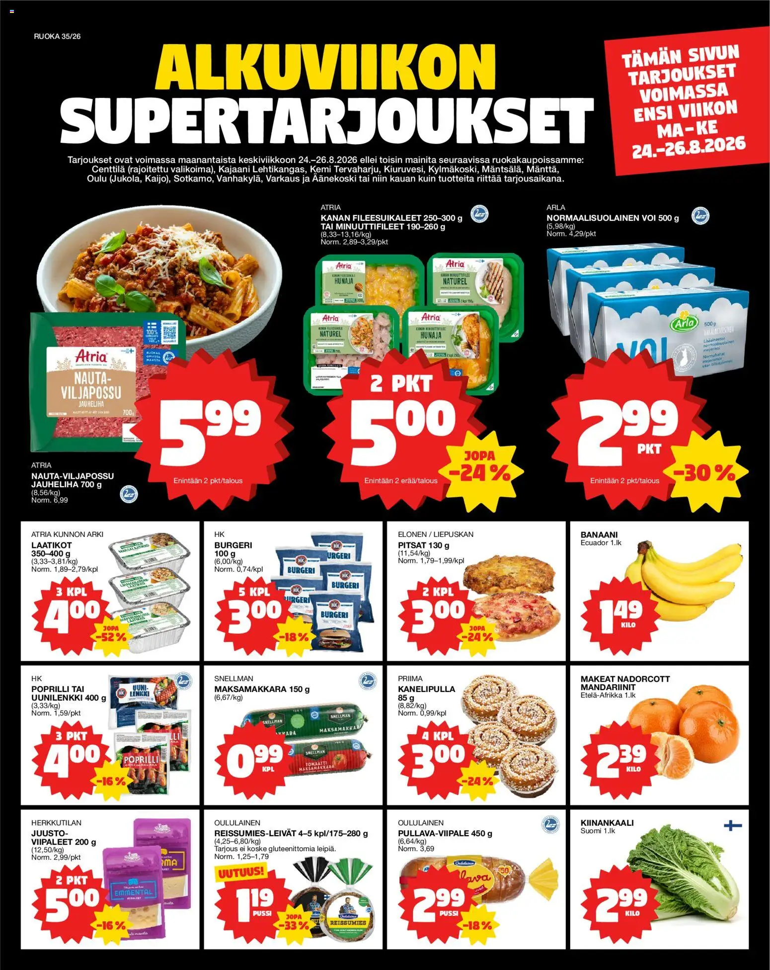 Tokmanni - Ruokasanomat – voimassa 24/08/2026 alkaen | Sivu: 1 | Tuotteet: Emmental, Voi, Juusto, Mandariinit