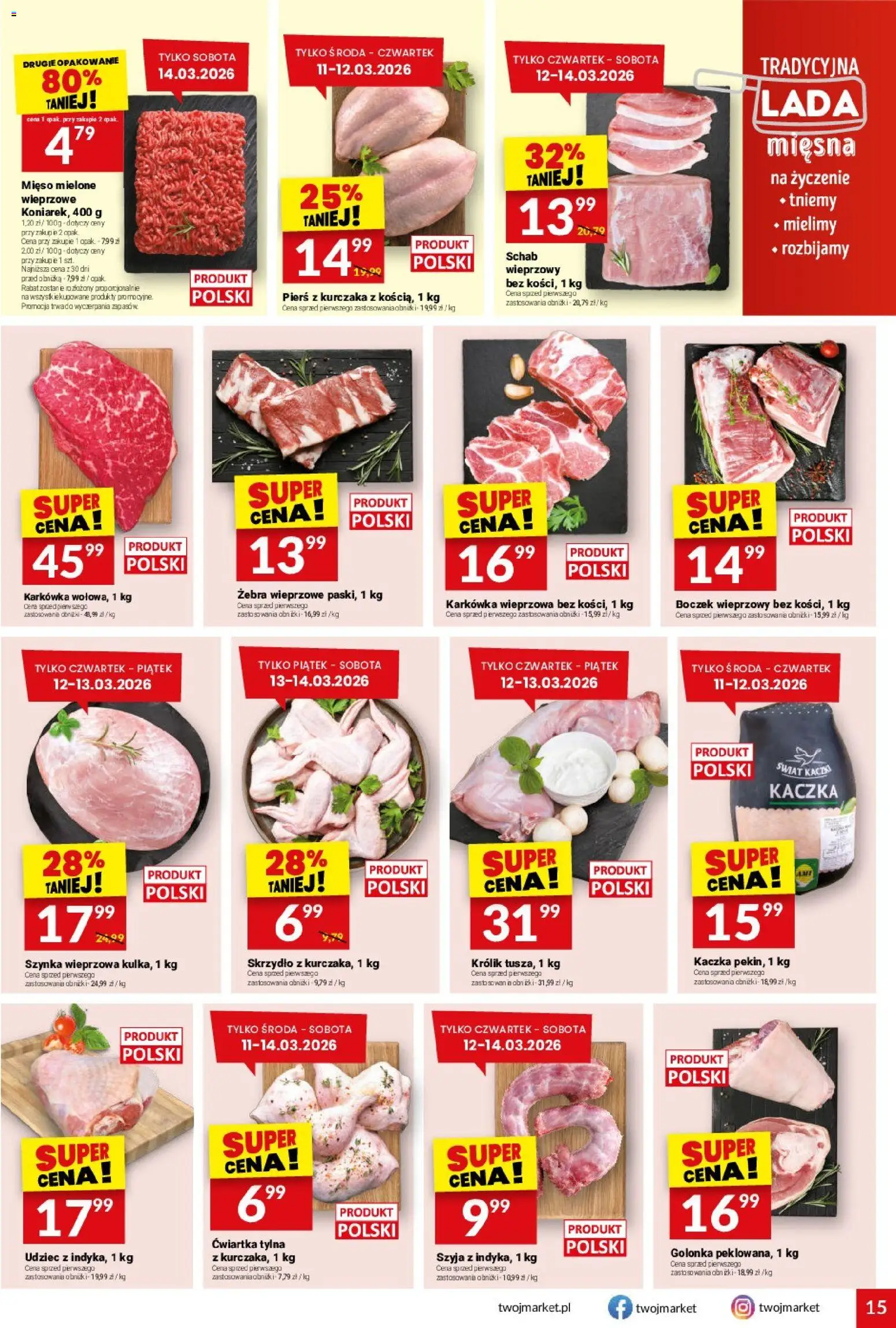 Twój Market gazetka od 11.03.2026 | Strona: 15 | Produkty: Pierś z kurczaka, Karkówka, Schab, Szynka wieprzowa