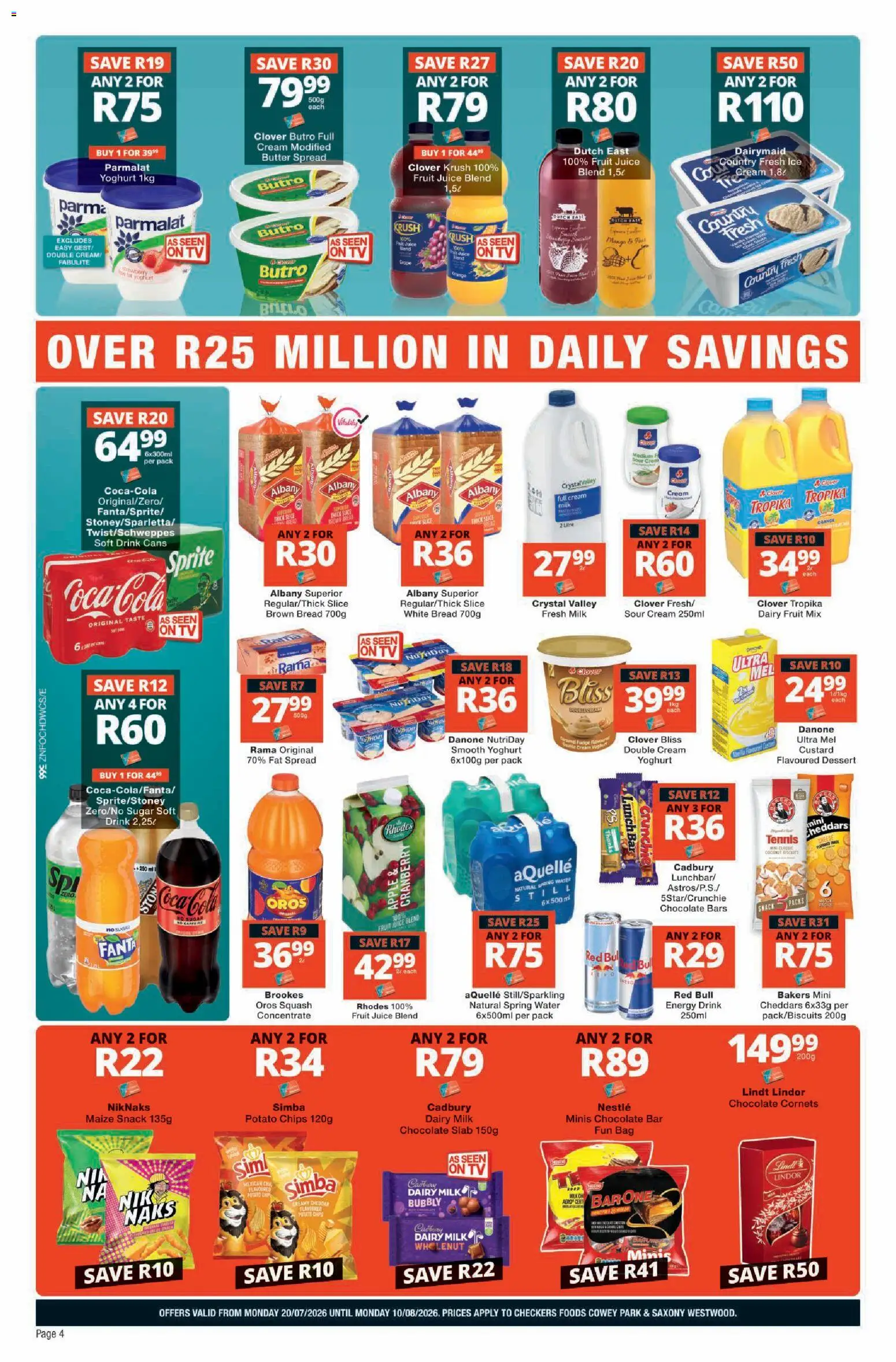 New Checkers catalogue – valid from 20/07/2026 | Page: 4 | Products: Bag, TV, Bread, Chocolate