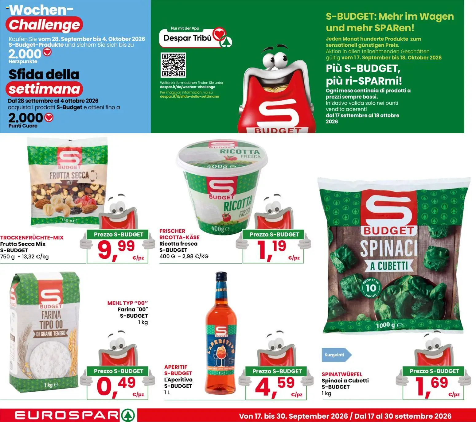 Volantino Eurospar del 17/09/2026 | Pagina: 12 | Prodotti: Frutta, Farina, Spinaci, Ricotta