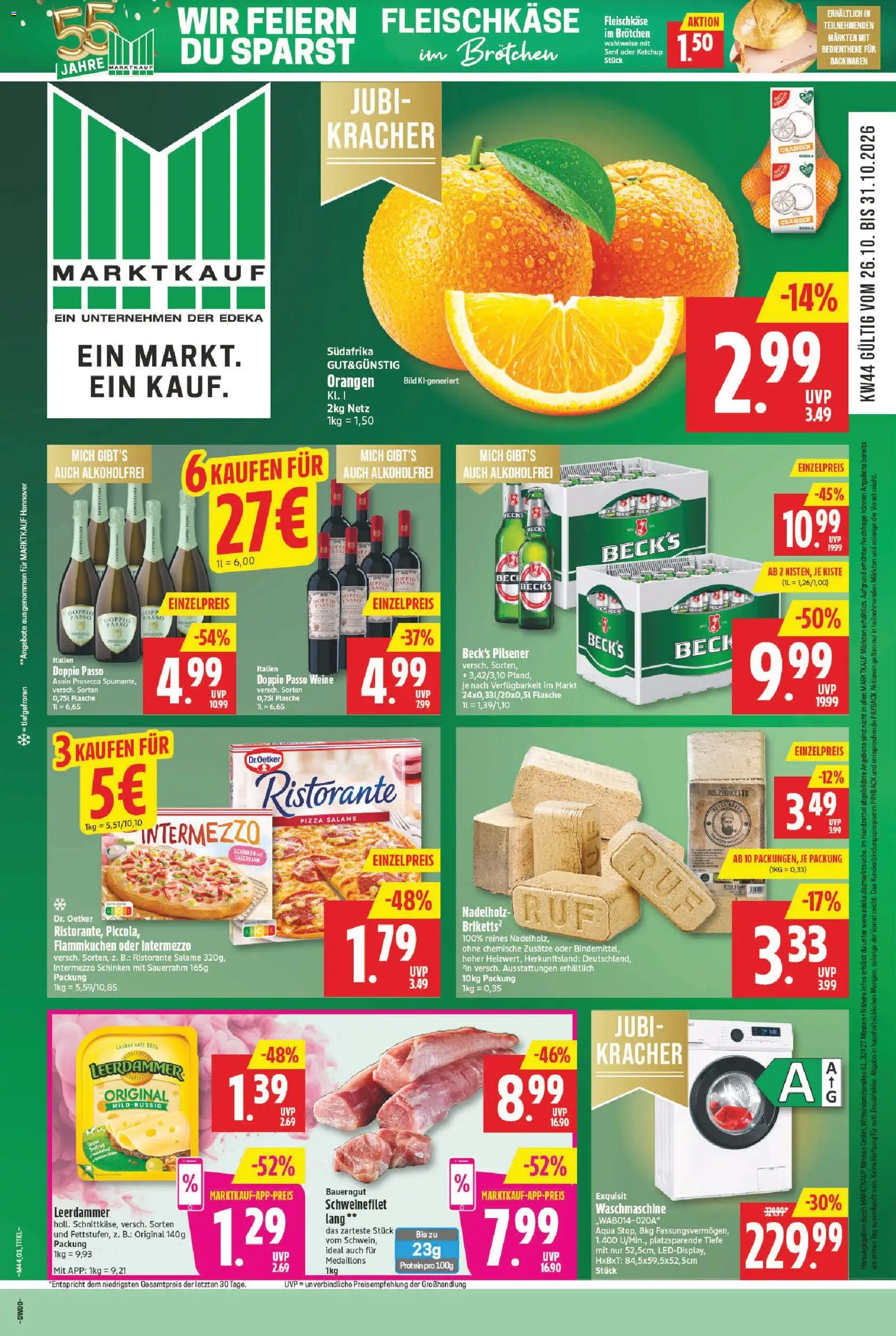 Marktkauf Prospekt – gültig ab 26.10.2026 | Seite: 1 | Produkte: Waschmaschine, Orangen, Leerdammer, Schinken