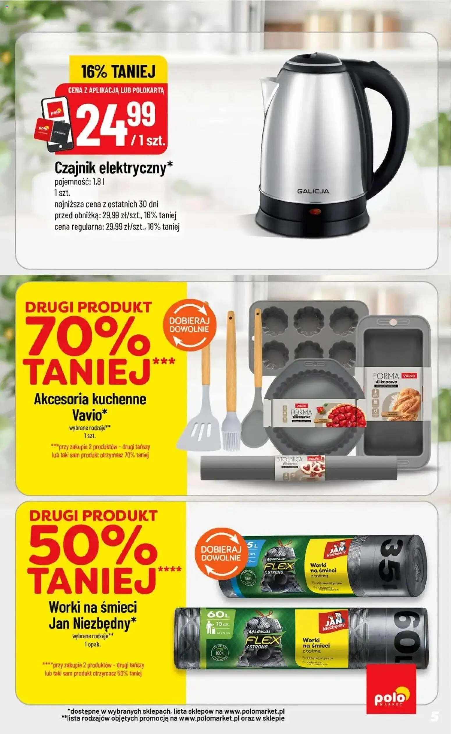Nowa POLOmarket gazetka od jutra 09.09.2026 | Strona: 5 | Produkty: Worki na śmieci, Czajnik, Magnum