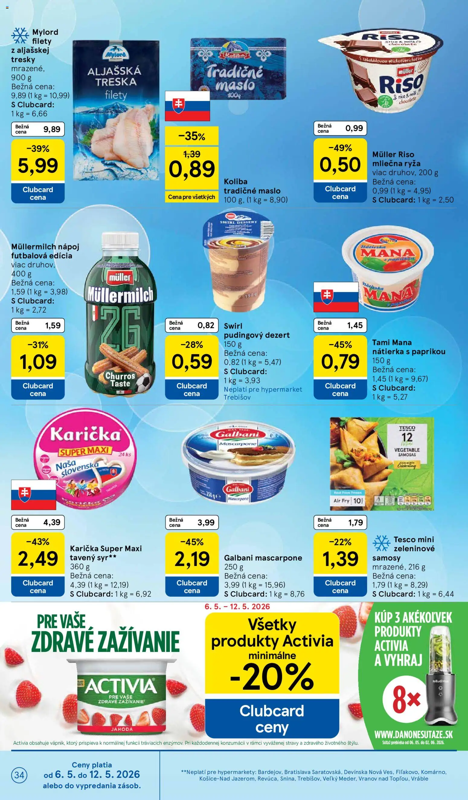 Nové Tesco akcie – leták je platný od 06.05.2026 | Strana: 34 | Produkty: Syr, Ryža, Mascarpone, Treska